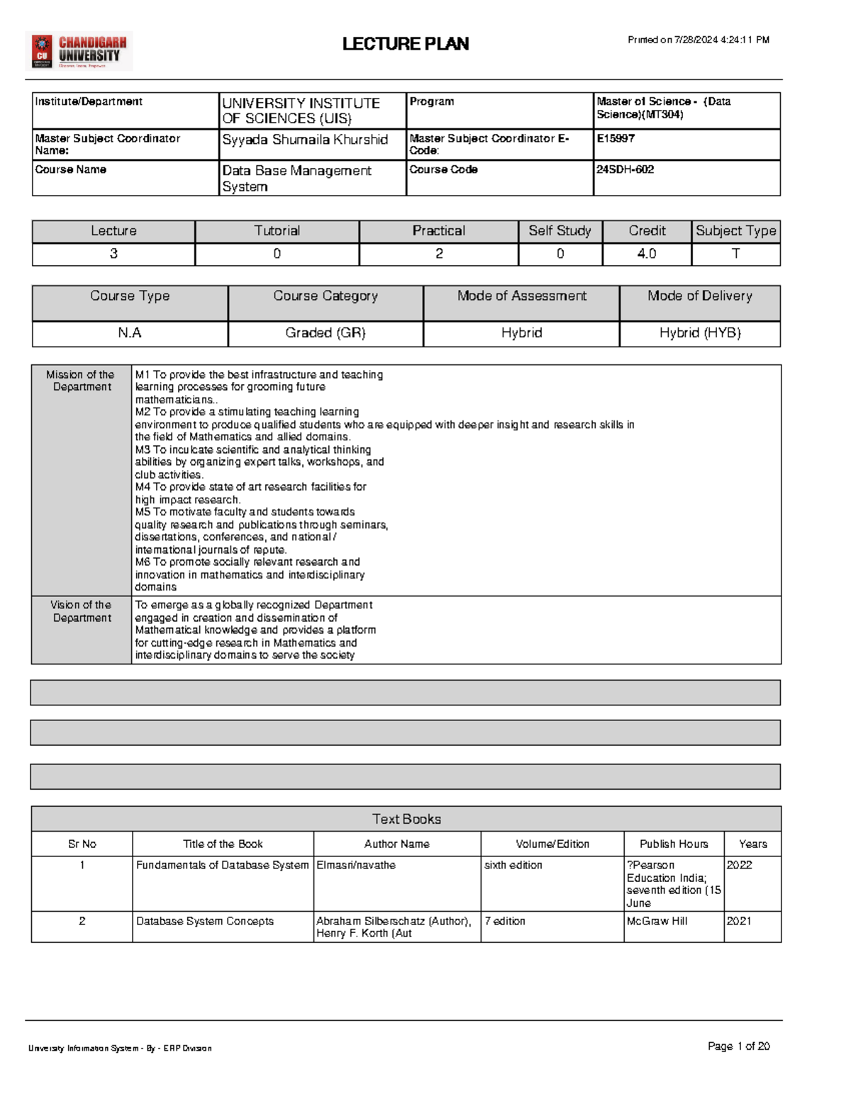 Lecture Plan for Data Base Management System MT304 24SDH-602 - Studocu