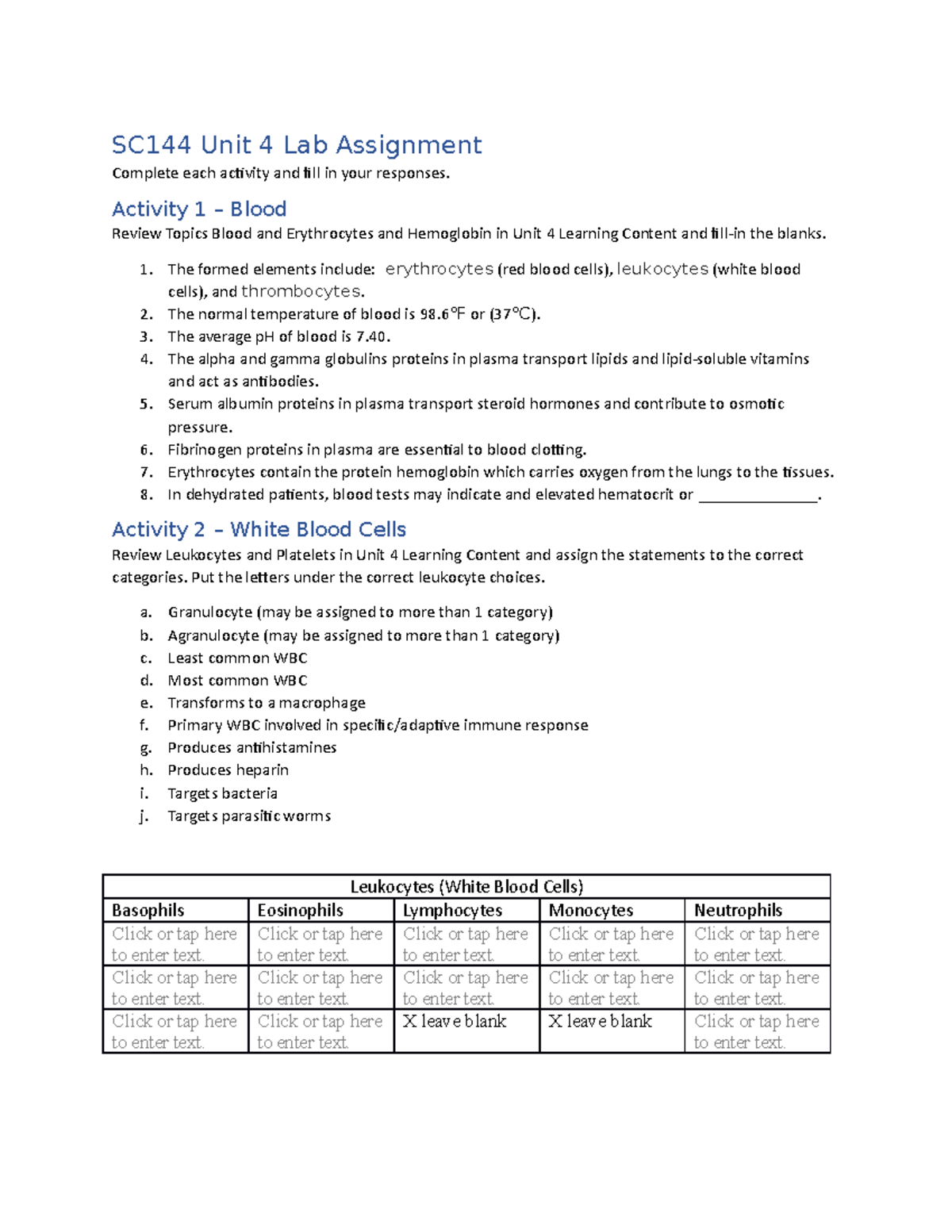 SC144 Unit 4 Lab Assignment Guide: Blood, Heart Anatomy & Simulations ...