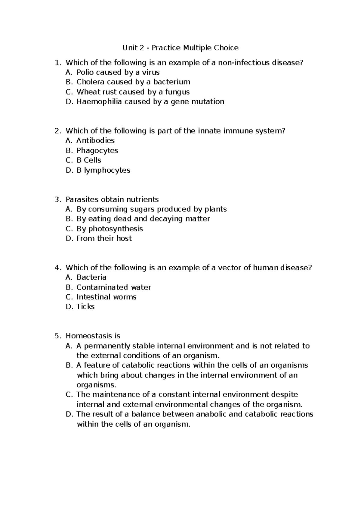 Unit 2 Bio Multiple Choice Questions for Practice - Studocu