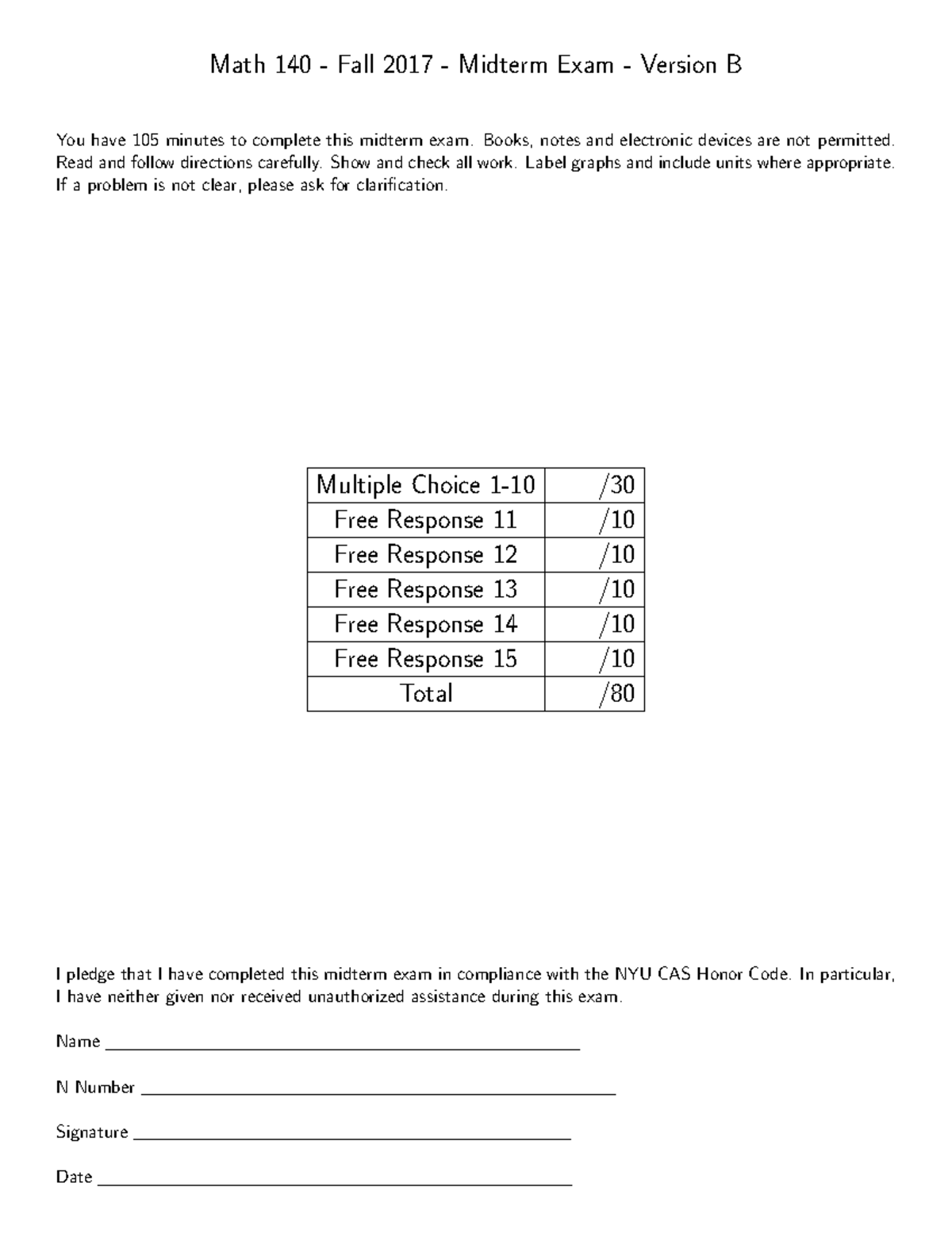 Midterm exam 1 Fall2017 - Math 140 - Fall 2017 - Midterm Exam - Version ...