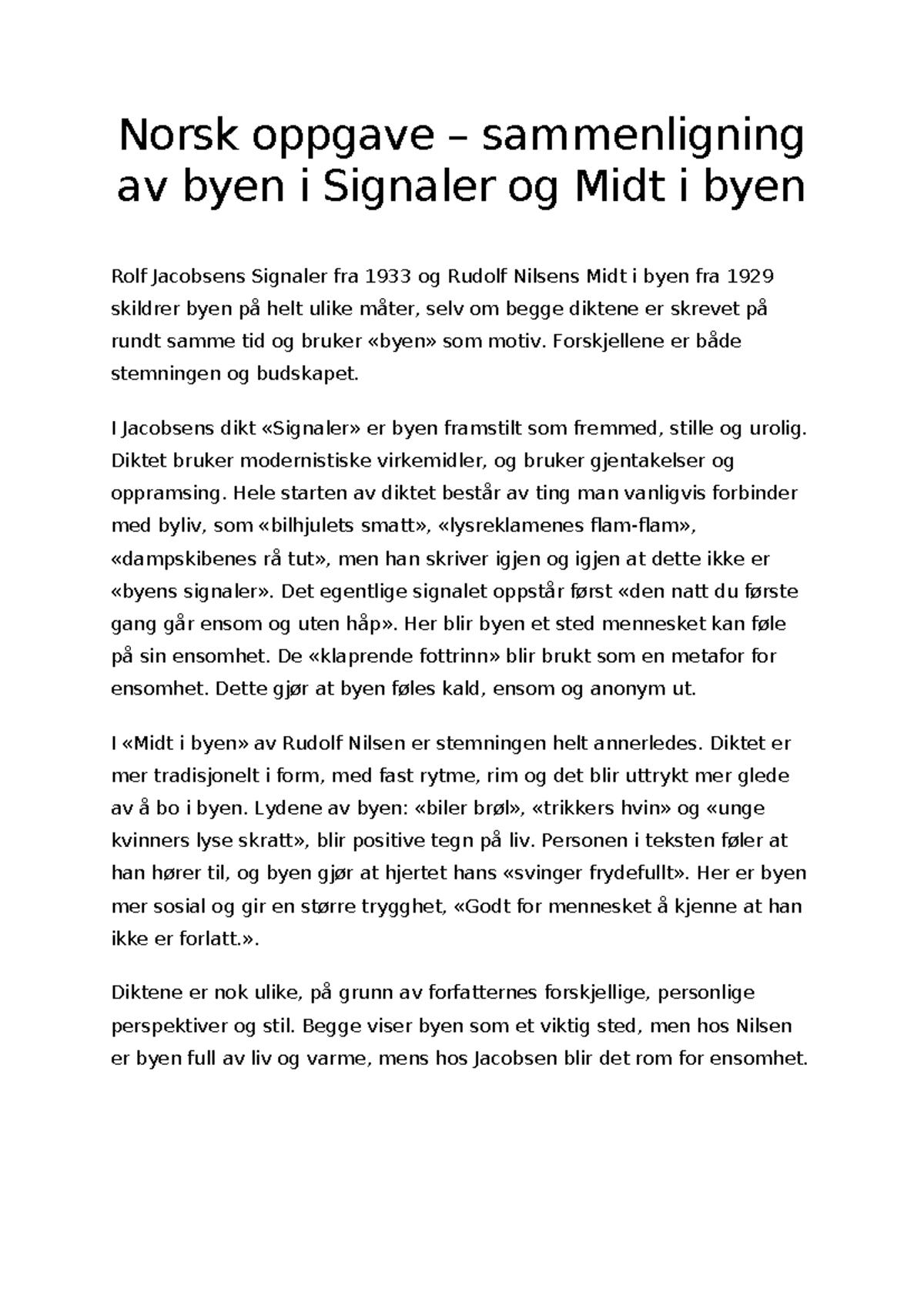 Norsk oppgave: Sammenligning av Jacobsens og Nilsens Dikt - Studocu