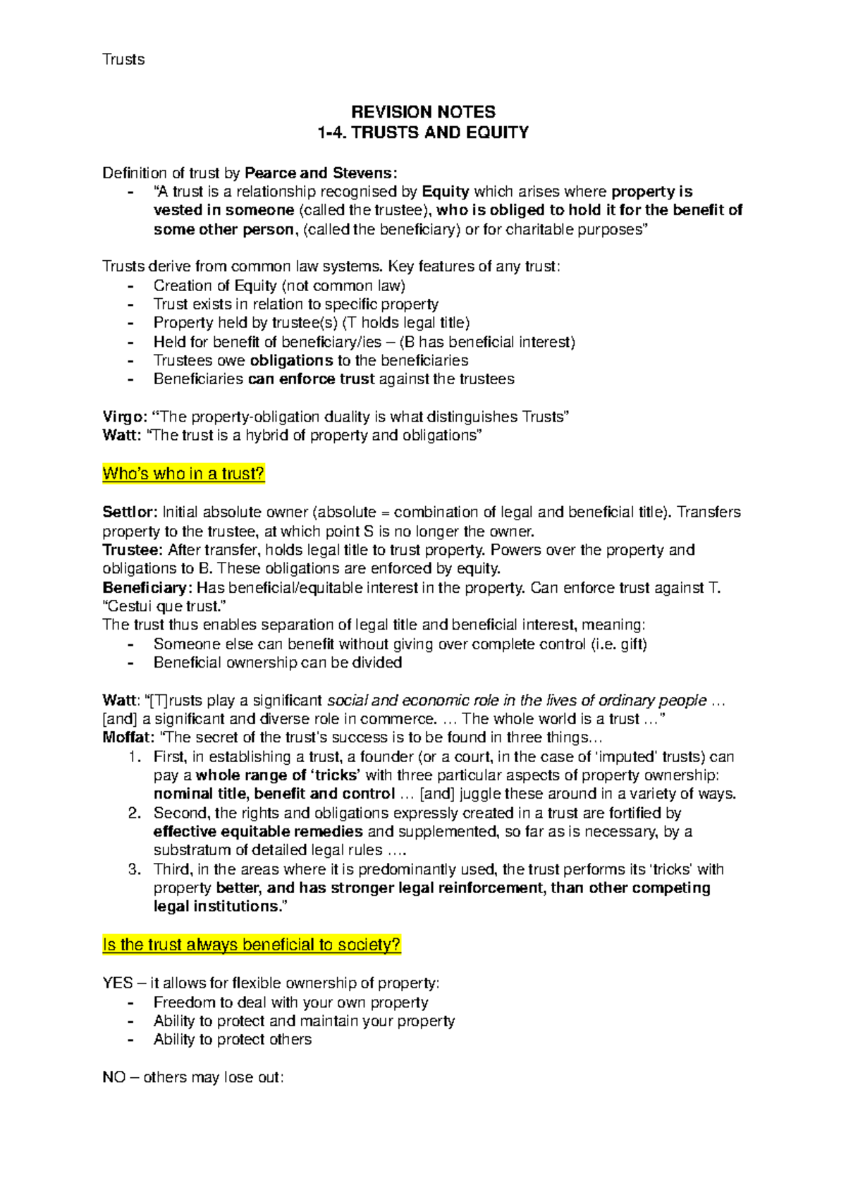 Trusts and Equity - REVISION NOTES 1-4. TRUSTS AND EQUITY Definition of ...