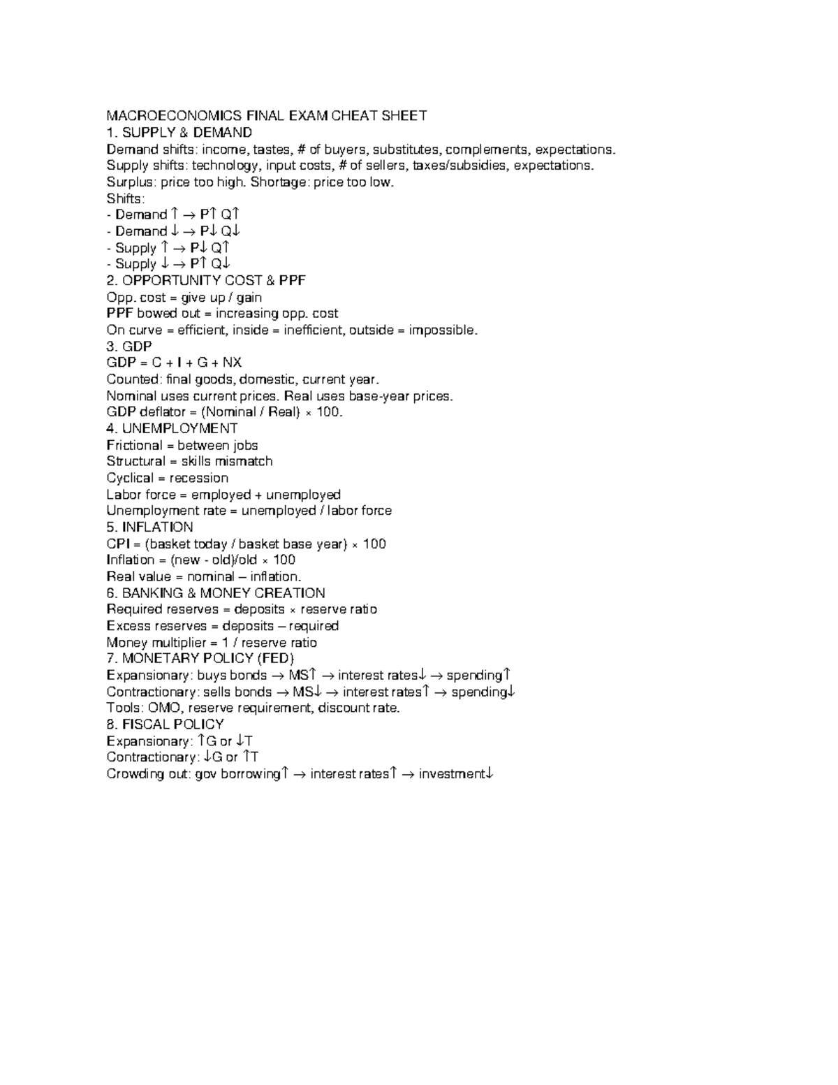 MACROECONOMICS FINAL EXAM CHEAT SHEET: KEY CONCEPTS & FORMULAS - Studocu