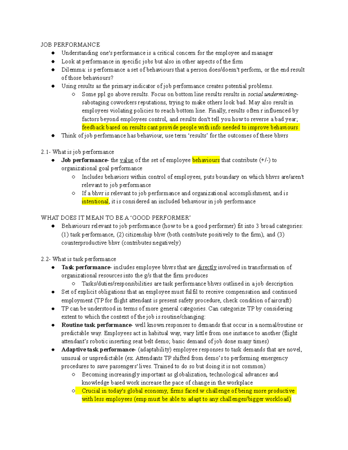 OB Chapter 2- Job Performance - JOB PERFORMANCE Understanding one's ...