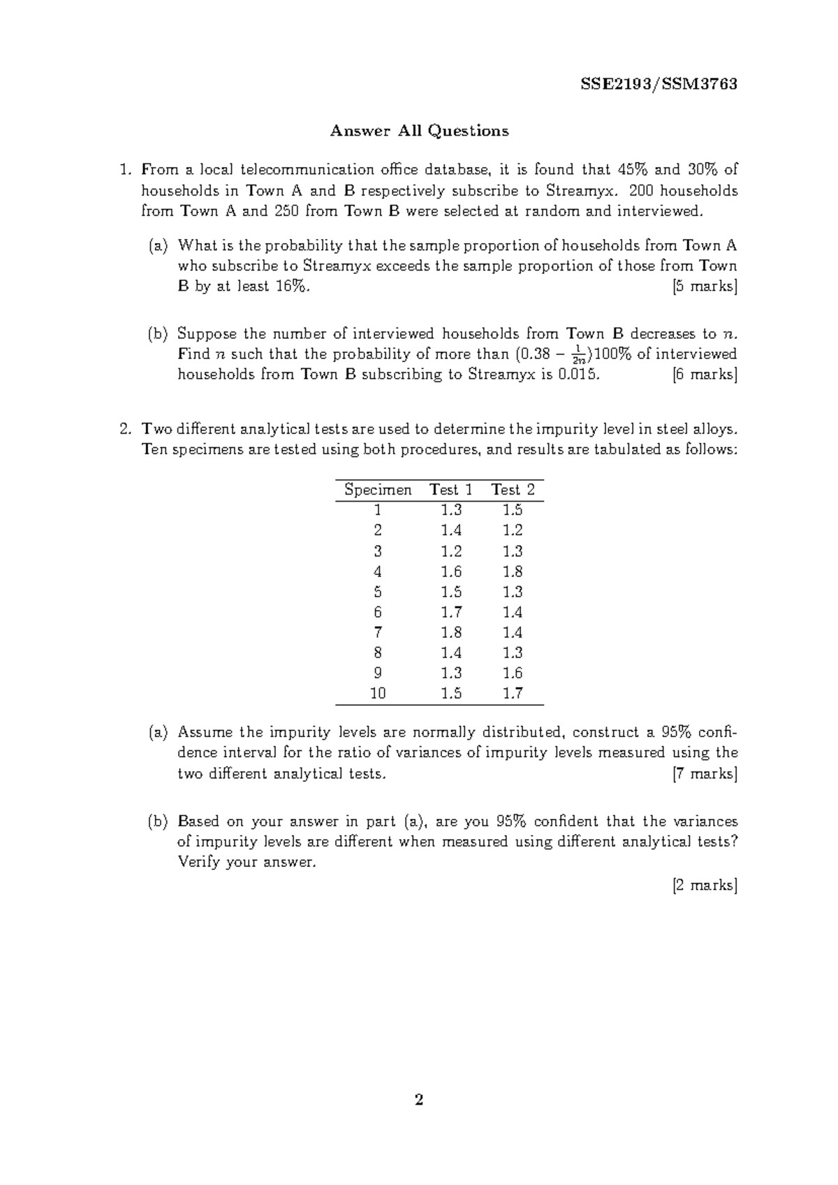 Final Engineering Statistics 2009 2010 SEM 2, Questions - SSE2193 ...