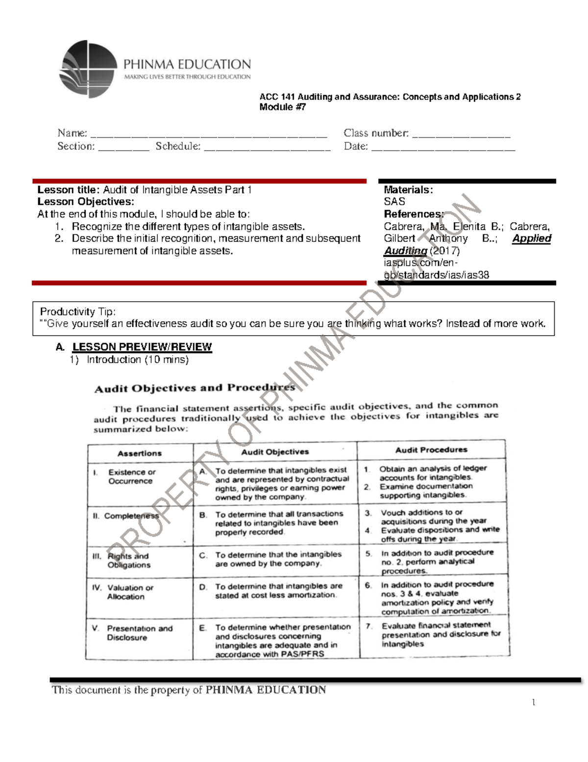 ACC 141 Lesson: Audit of Intangible Assets - Part 1 Overview - Studocu