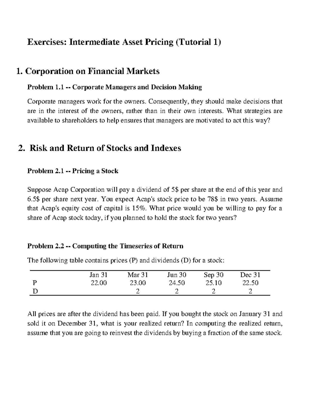 Intermediate Asset Pricing Exercises - Tutorial 1 Solutions - Studeersnel