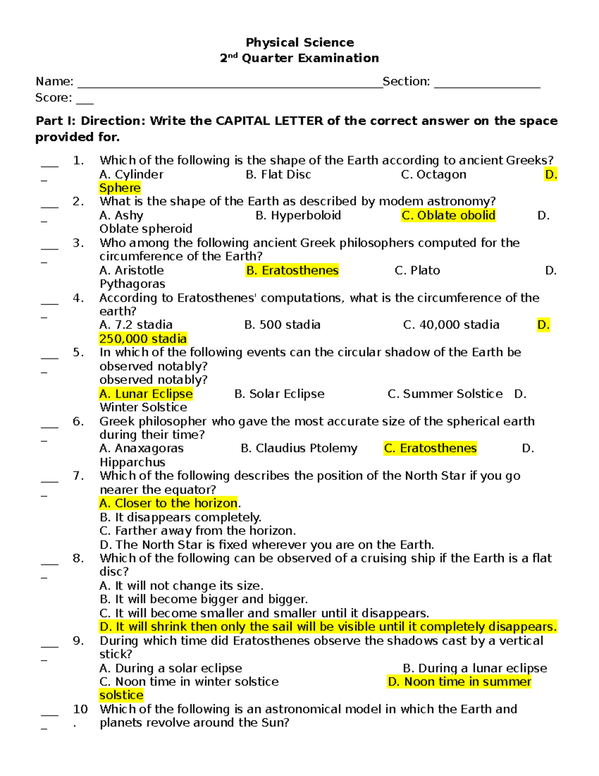 Q2 Physci 2ND Quarter EXAM - Physical Science 2 nd Quarter Examination ...