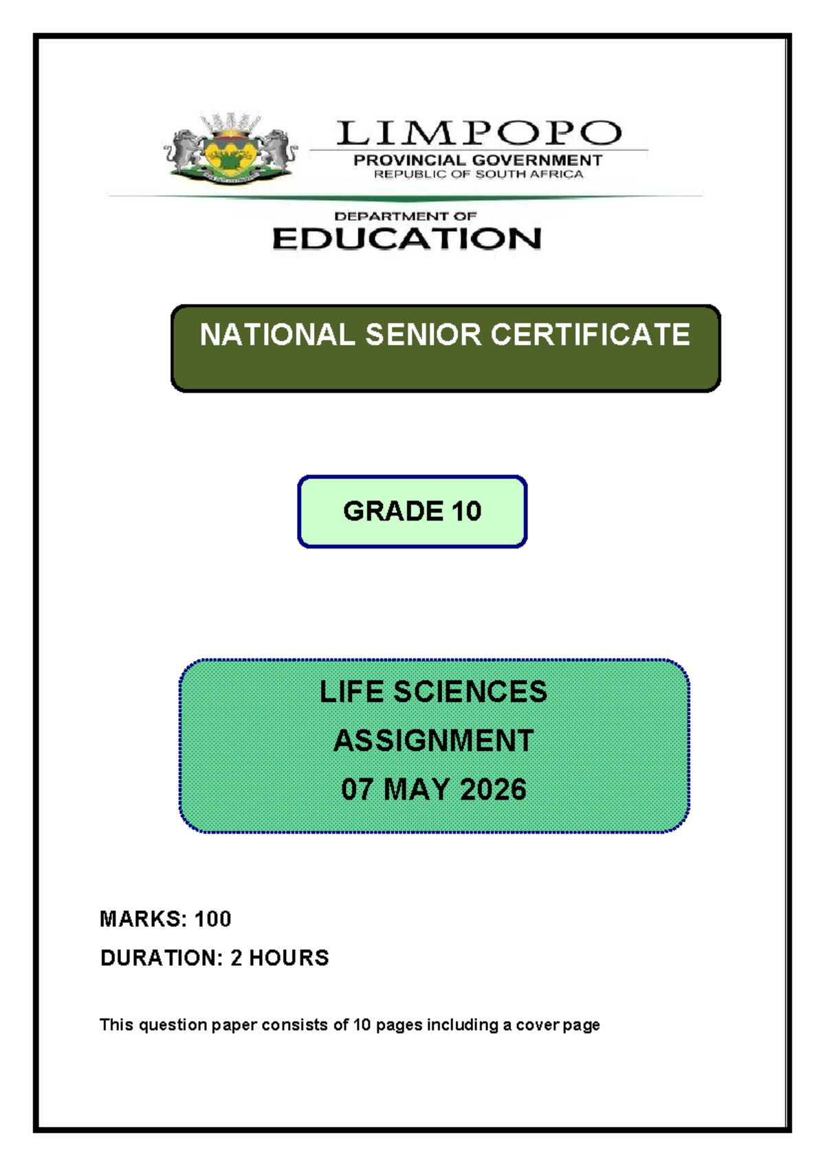 NATIONAL SENIOR CERTIFICATE GRADE 10 LIFE SCIENCES ASSIGNMENT 07 QP ...