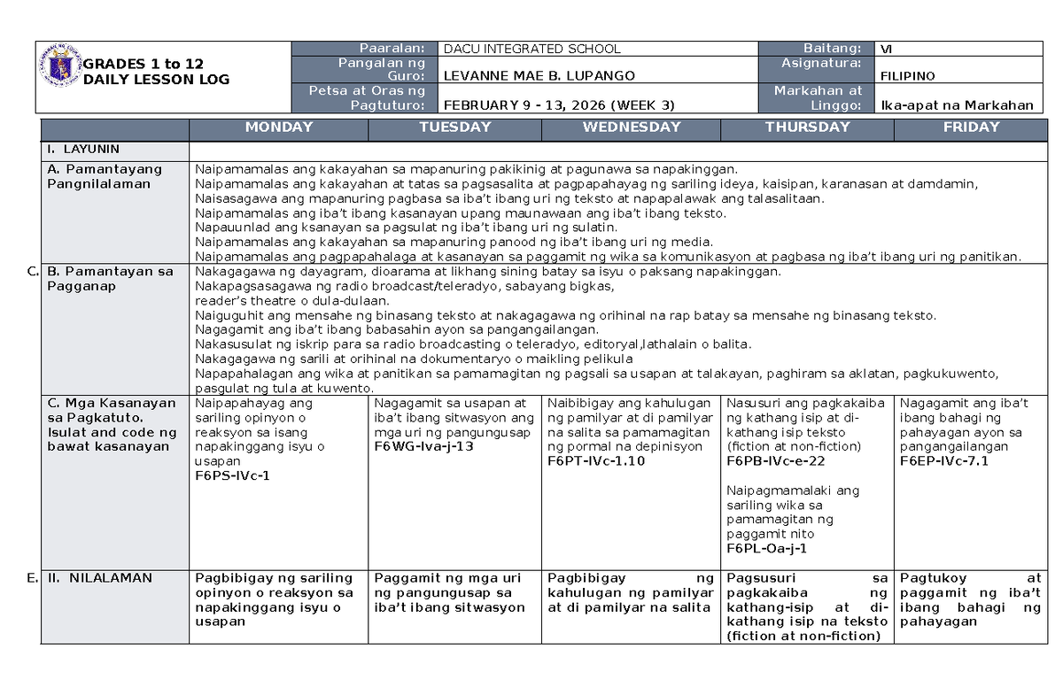 DTC DLL Filipino 6 Final Lesson Log for Week 3 - Studocu