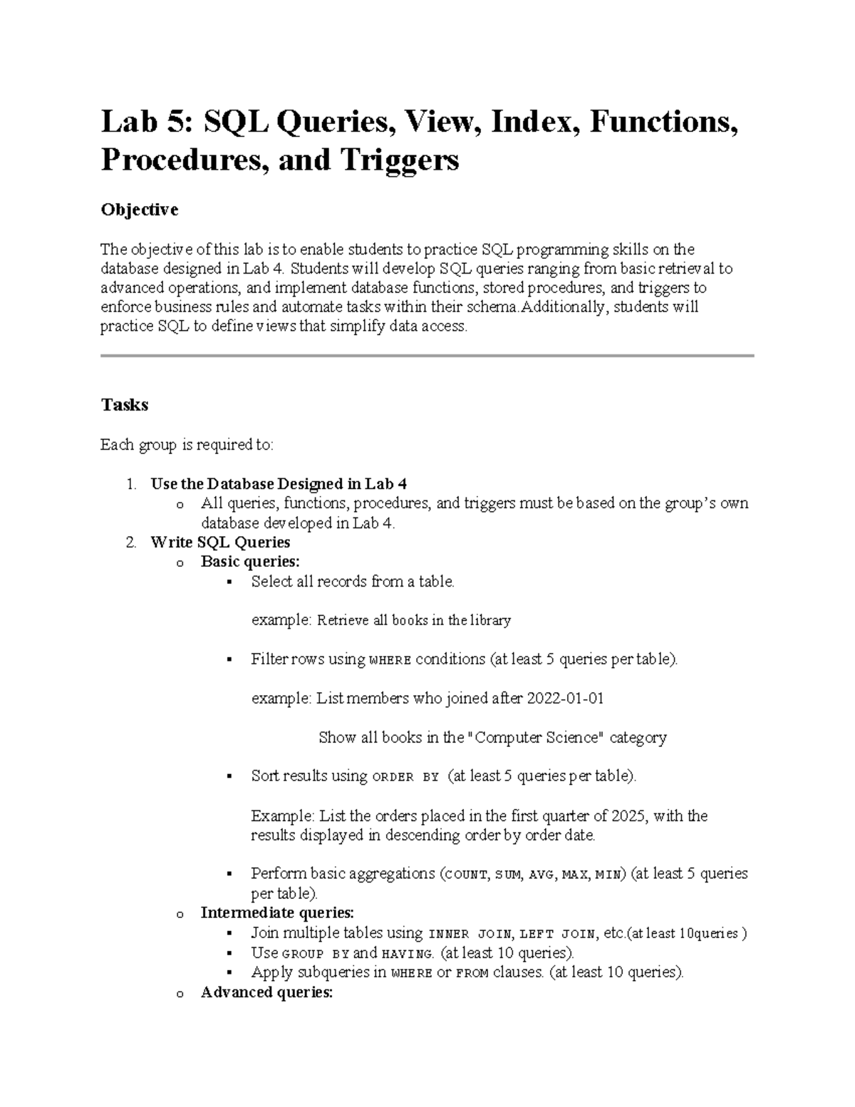 Lab 5: SQL Queries, Functions, Procedures, and Triggers Practice - Studocu
