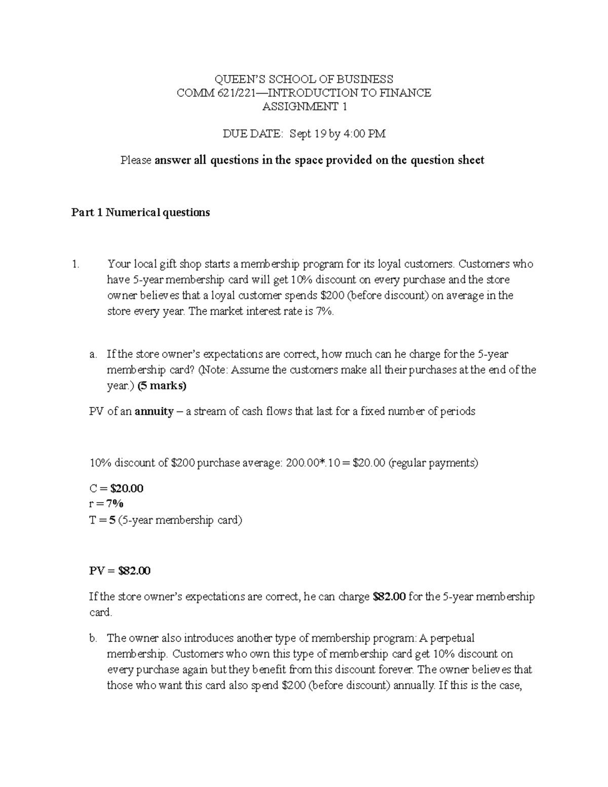 COMM 621/221 - Intro to Finance: Assignment 1 Analysis and Solutions ...