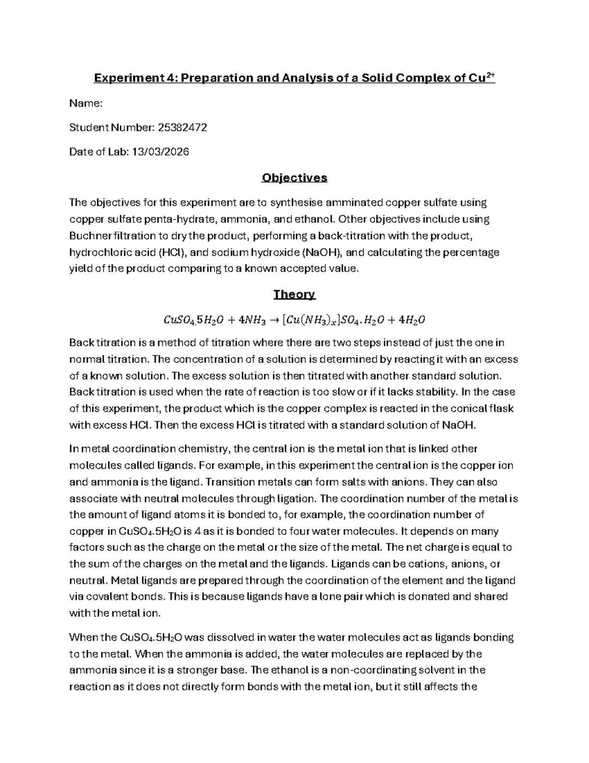 Lab Report: Preparation & Analysis of Cu2+ Solid Complex (Chem 101 ...