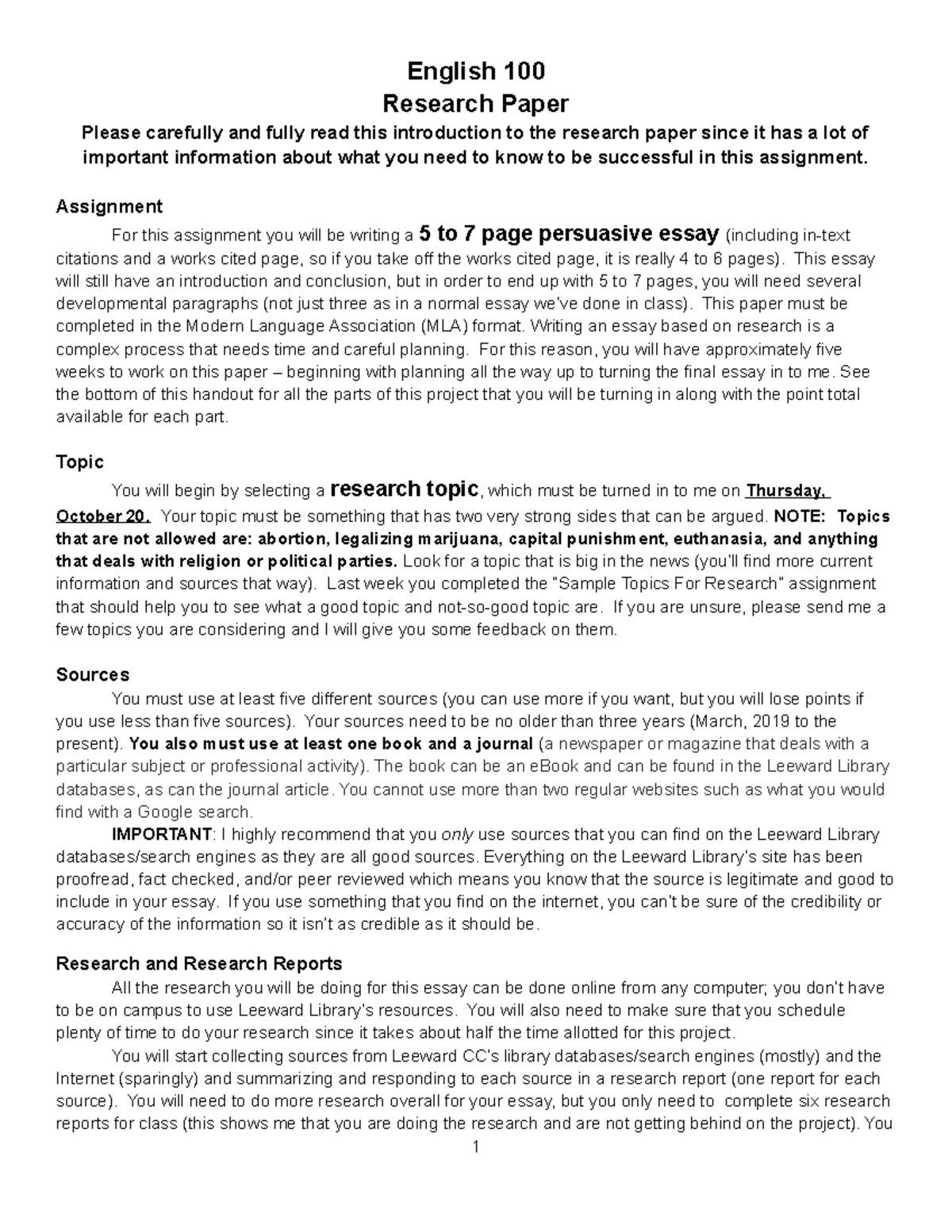 English 100 Research Paper Assignment Guide and Introduction - Studocu