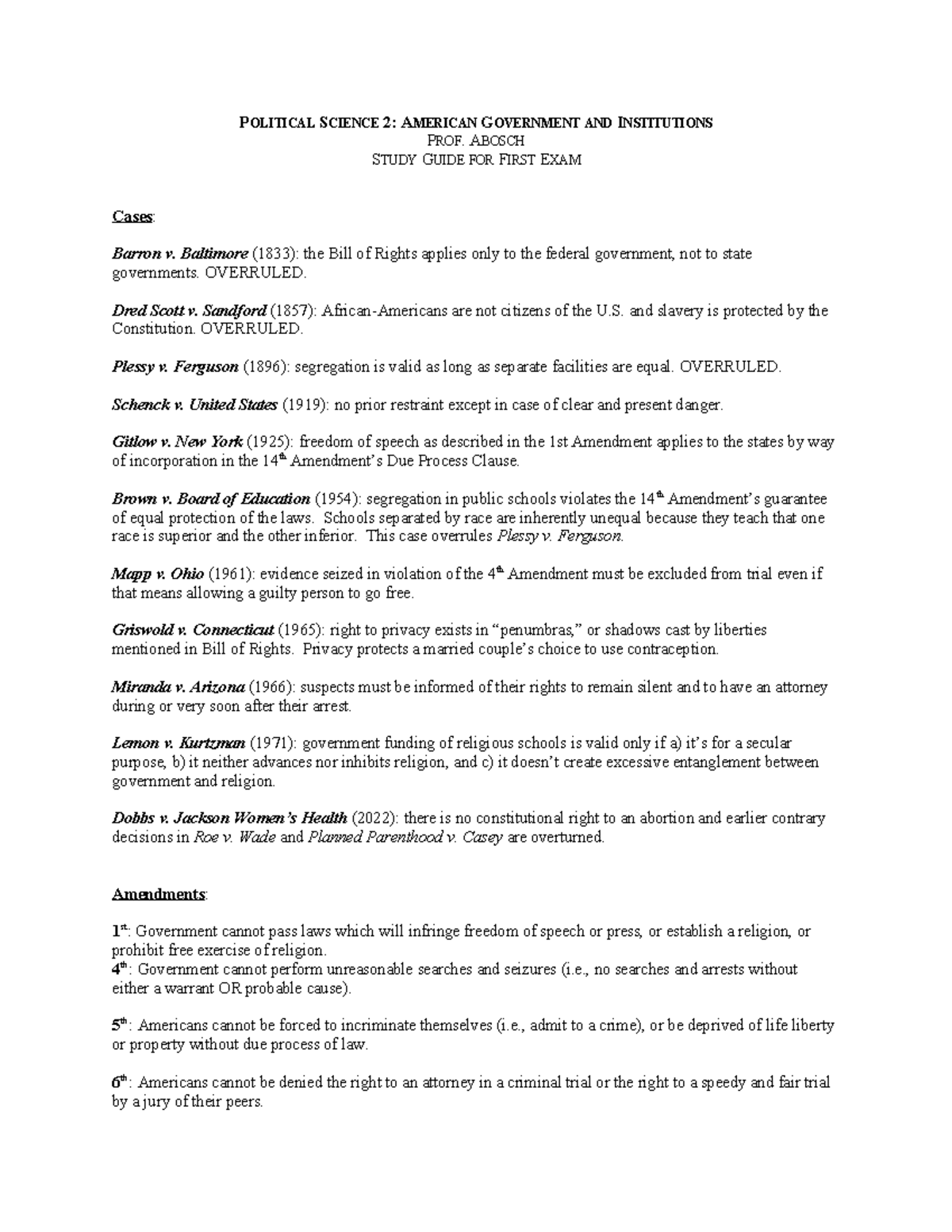 Political Science 2: Study Guide for First Exam on American Government ...