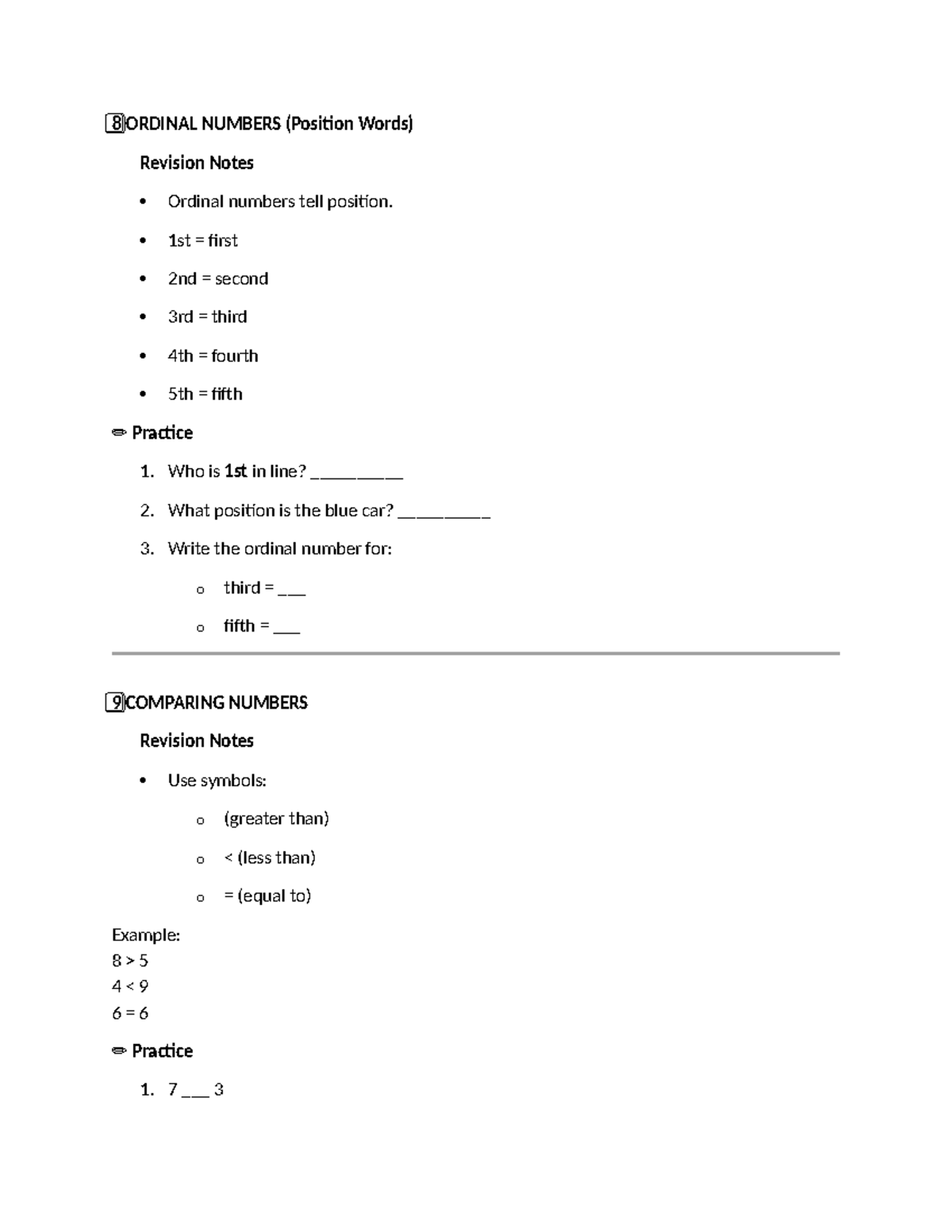 Grade 2 - Maths Revision Notes: Ordinal Numbers, Comparing & Patterns ...