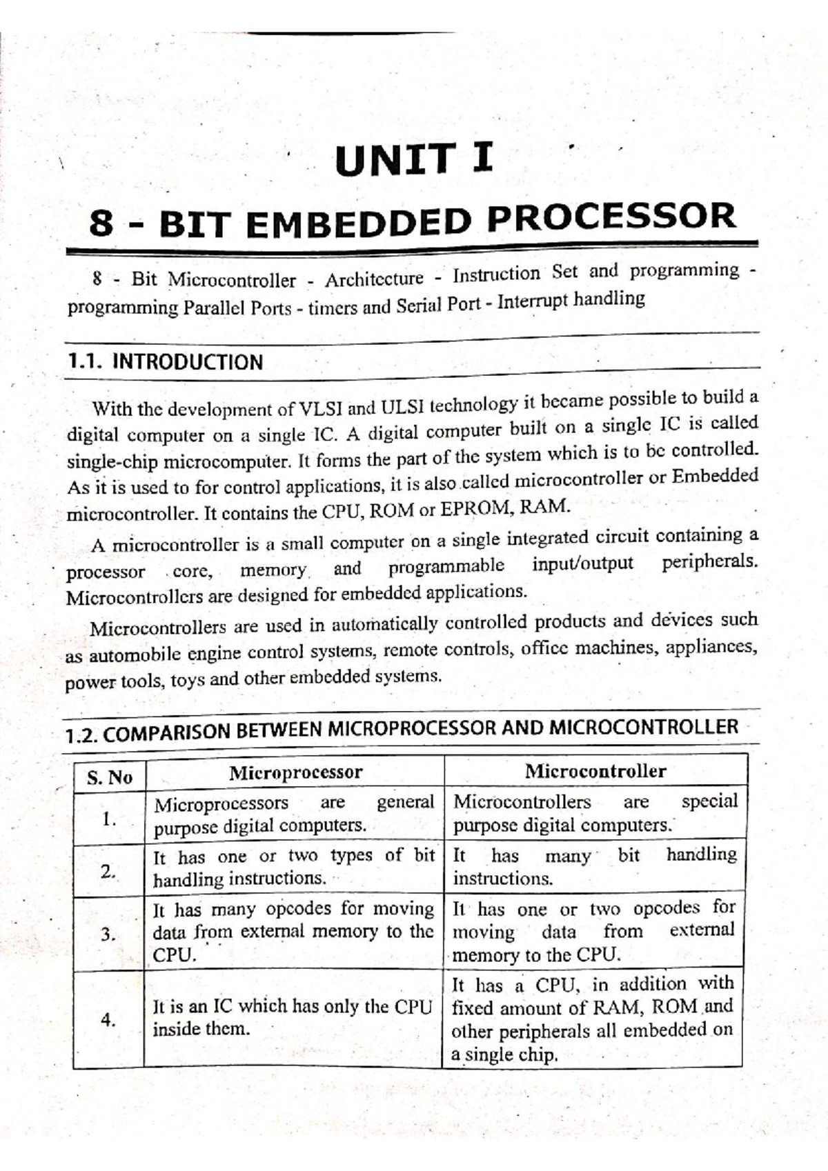 Unit I: 8 Bit Embedded Processor - Microcontroller Architecture ...