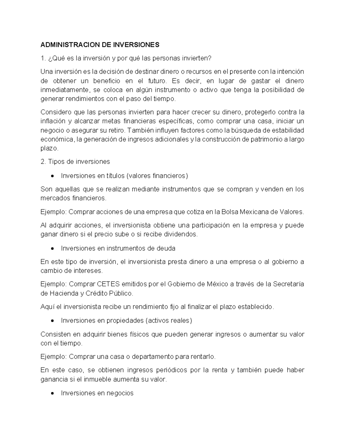 ADMINISTRACION DE INVERSIONES 1: Tipos, Riesgos y Oportunidades - Studocu