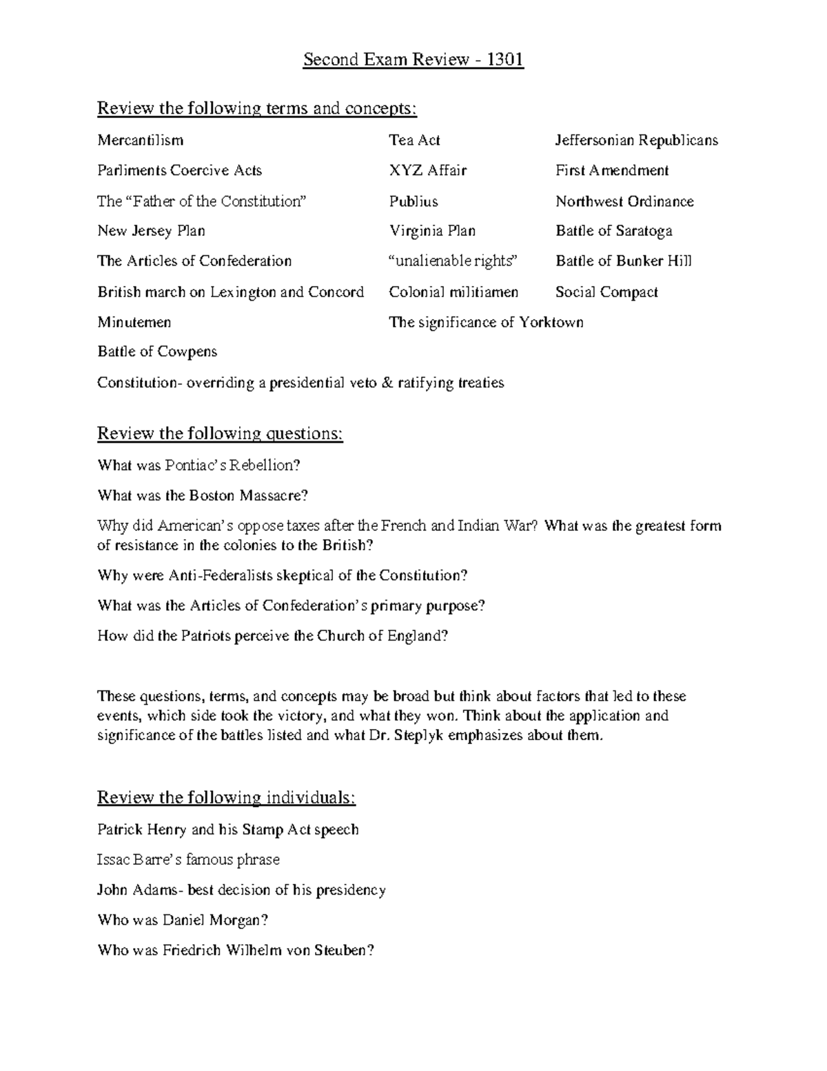US History 1301 Second Exam Review: Key Terms & Concepts - Studocu