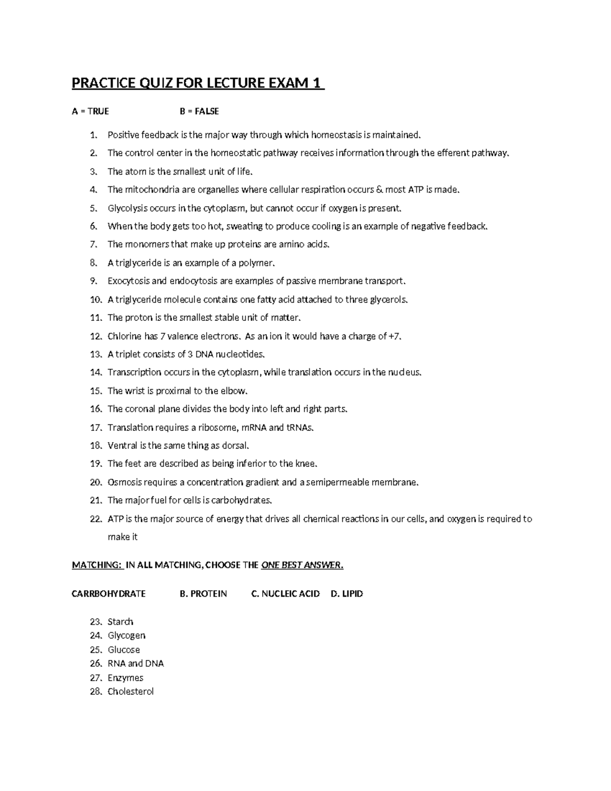 Practice Quiz: Lecture Exam 1 - Bio Concepts & Terminology - Studocu