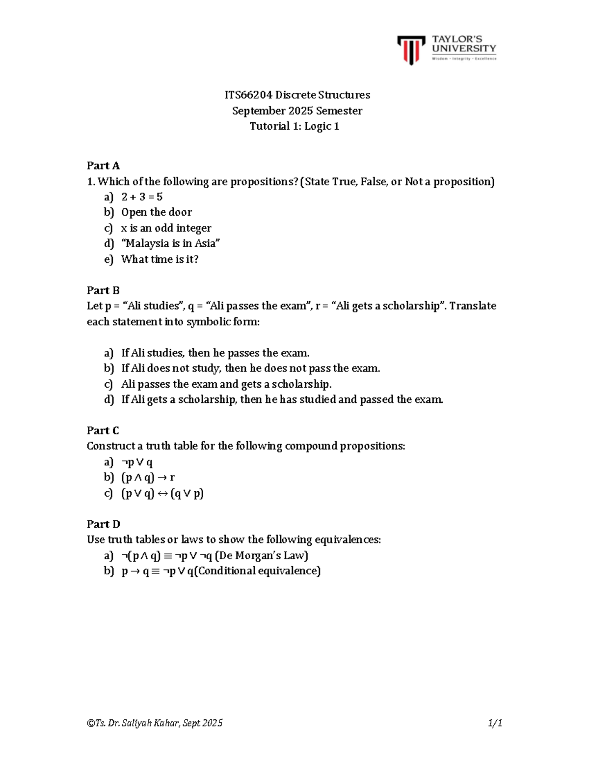ITS66204 Discrete Structures Sept 2025 Tutorial 1: Logic & Propositions ...