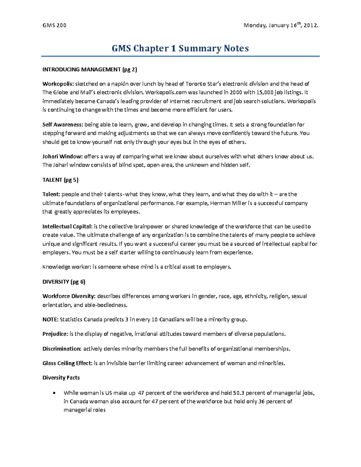 Lecture notes, lecture 1-12 - GMS Chapter 1 Summary Notes INTRODUCING ...