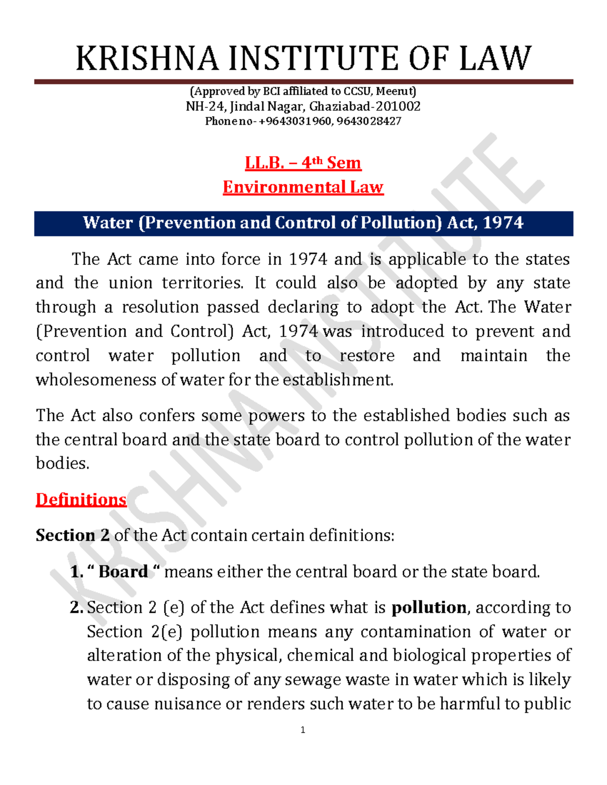 L-4th Sem Environmental Law: Water (Prevention and Control of Pollution ...