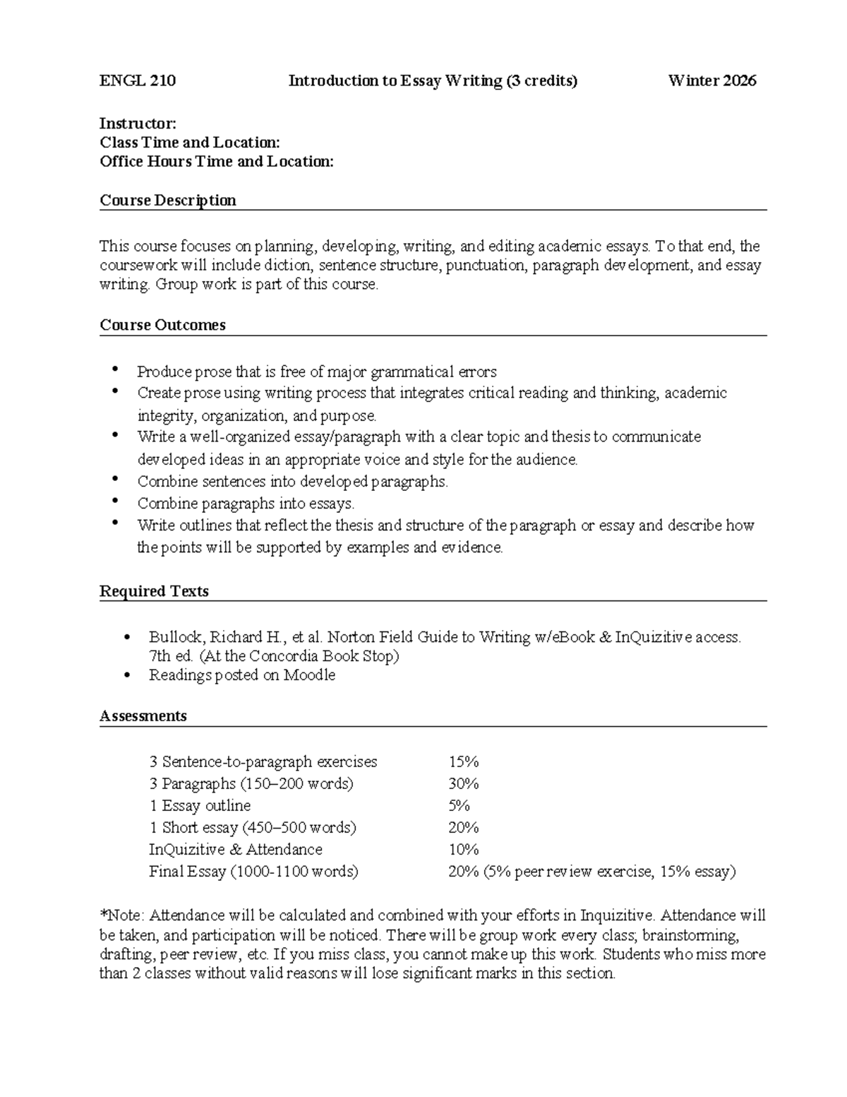 ENGL 210 Syllabus: Introduction to Essay Writing - Winter 2026 - Studocu
