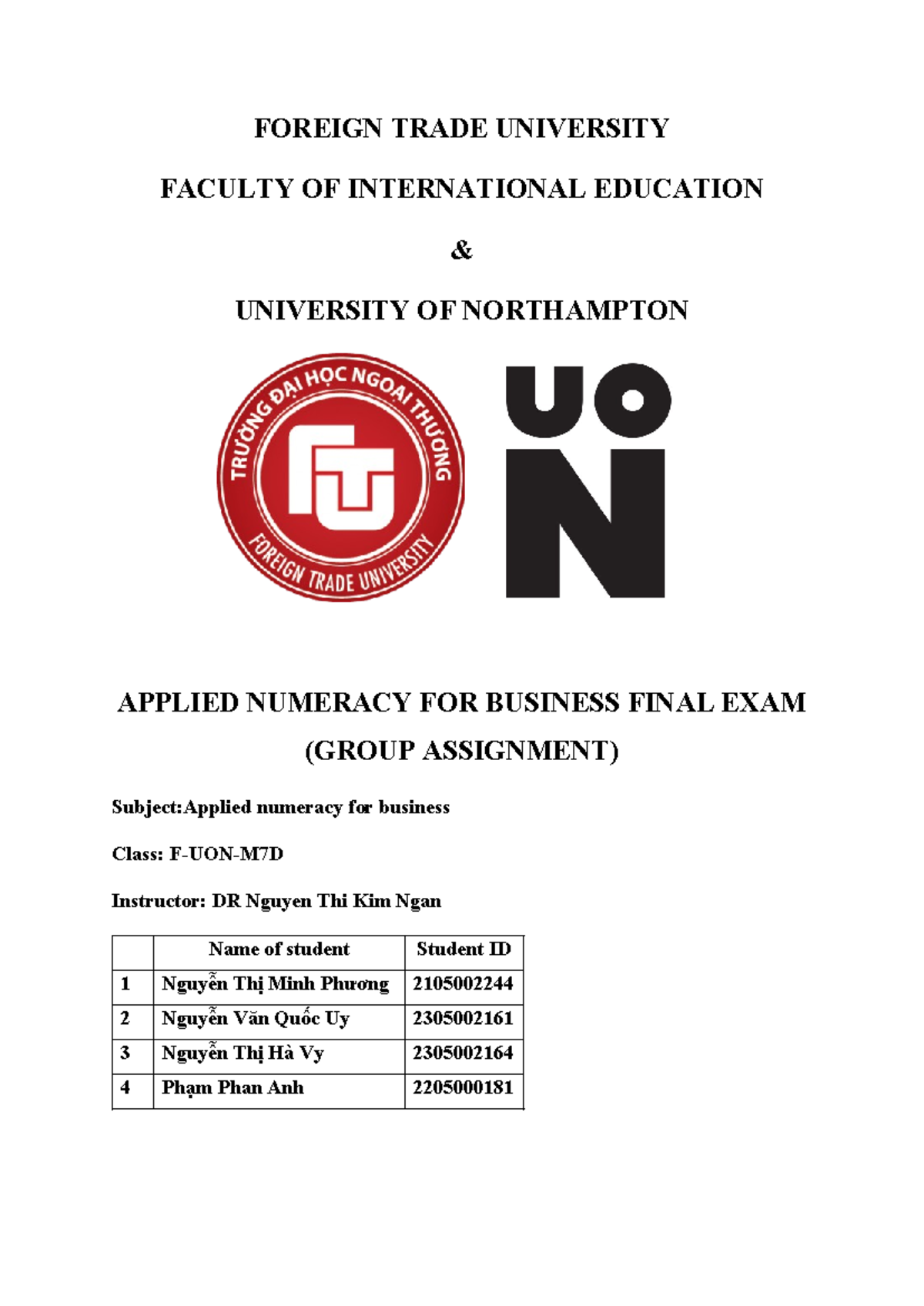 Final Exam on Applied Numeracy for Business (F-UON-M7D) - Document Preview