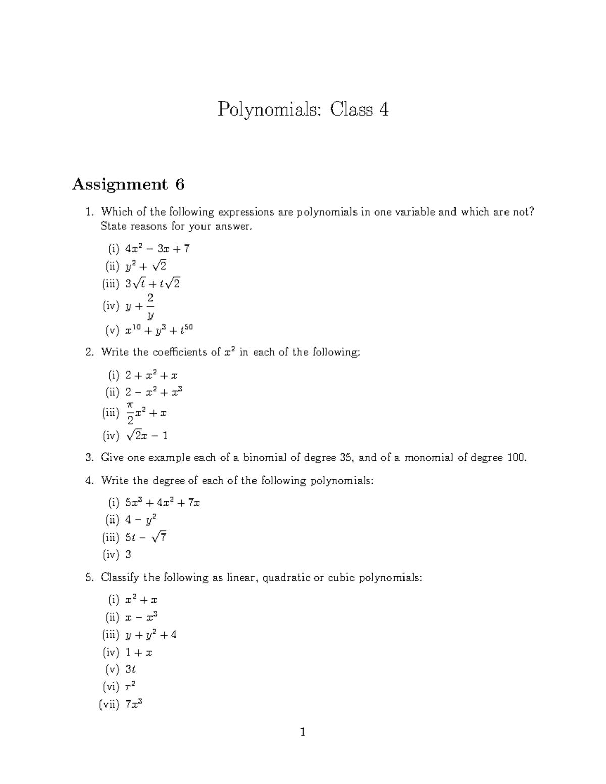 Polynomials: Class 4 Assignment 6 Analysis and Classification - Studocu