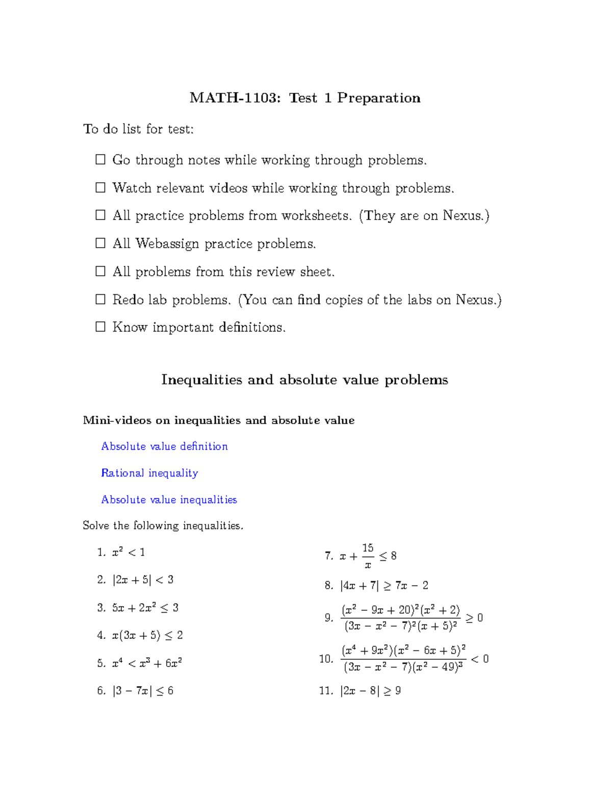 MATH-1103: Test 1 Prep - Practice Problems and Solutions 2023 - Studocu