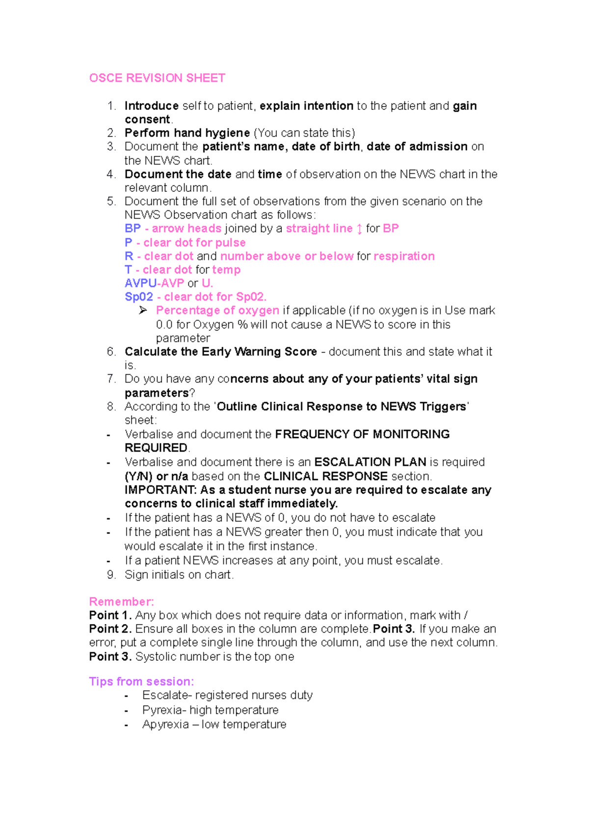 OSCE Revision Sheet: Vital Signs & NEWS Assessment Guide - Studocu