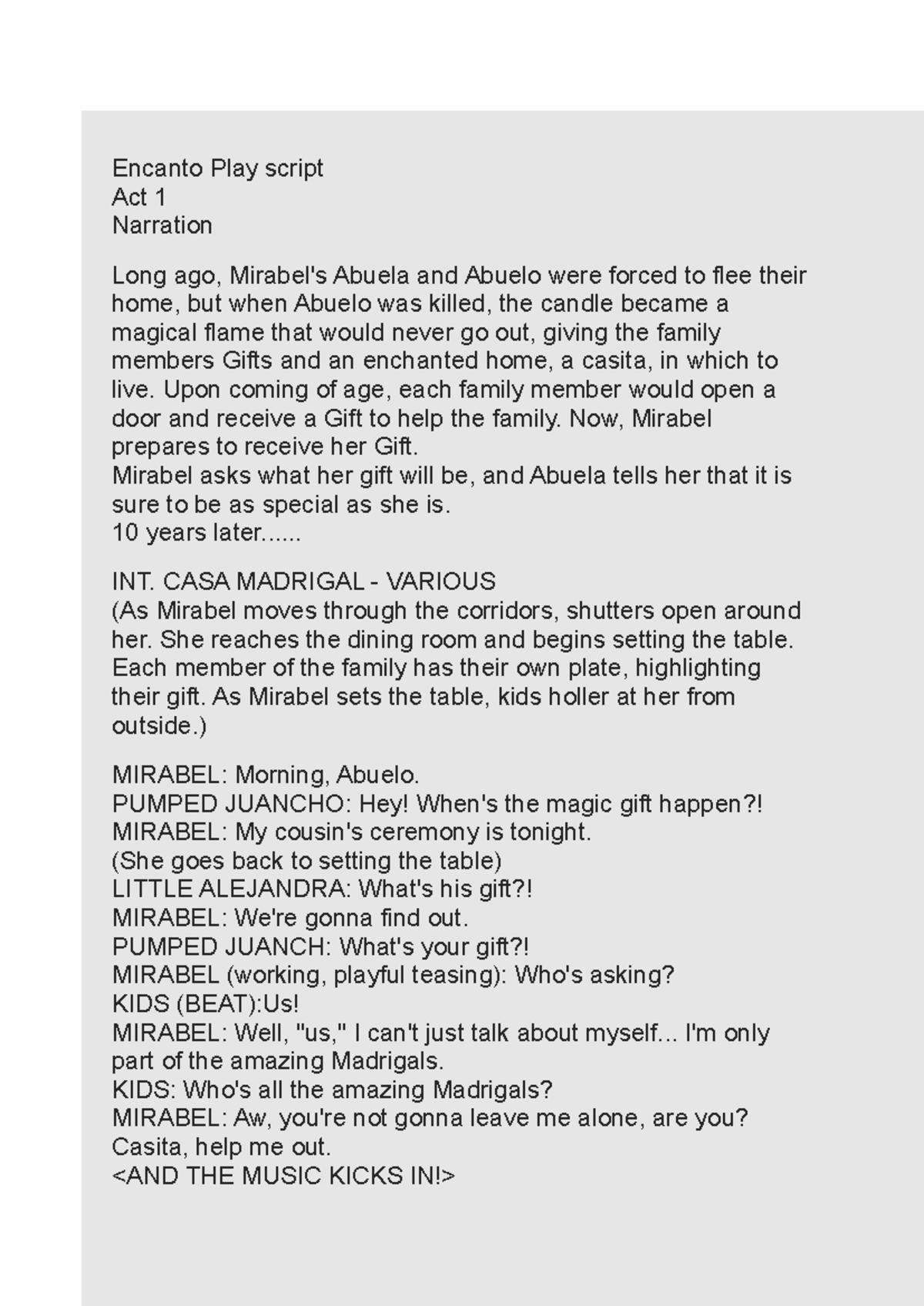 Encanto Play Script: Act 1 Narration and Key Scenes - Studocu