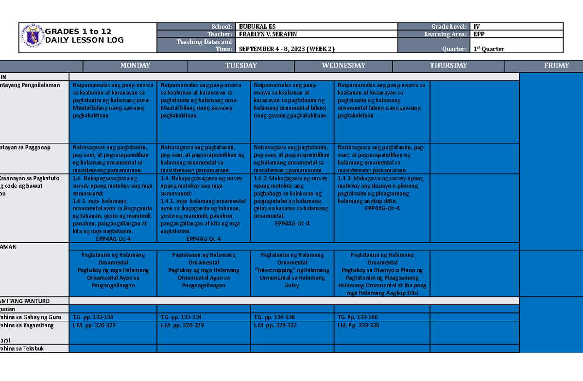 DLL EPP 4 Q1 W2 - Daily Lesson Log for Home Economics Grade IV - Studocu