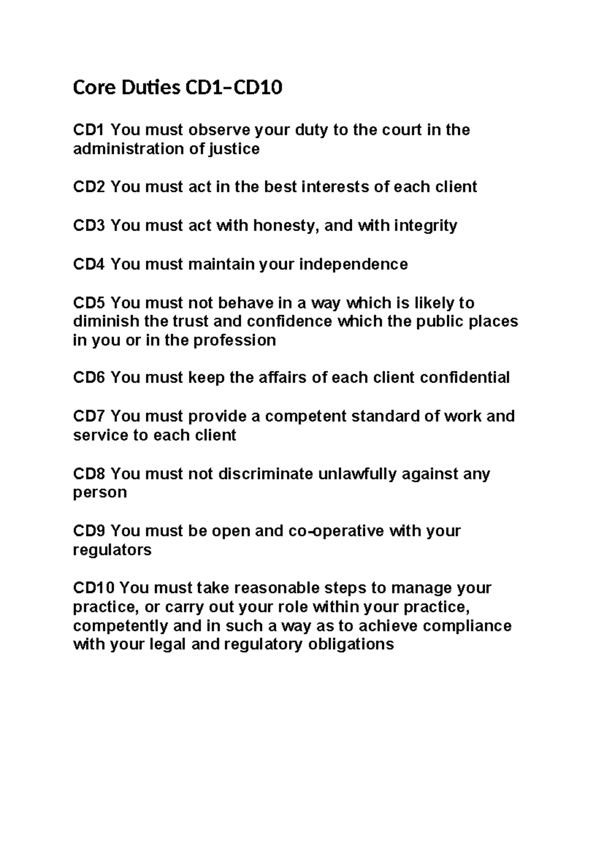 Core Duties Overview for Legal Professionals CD1 - Studocu