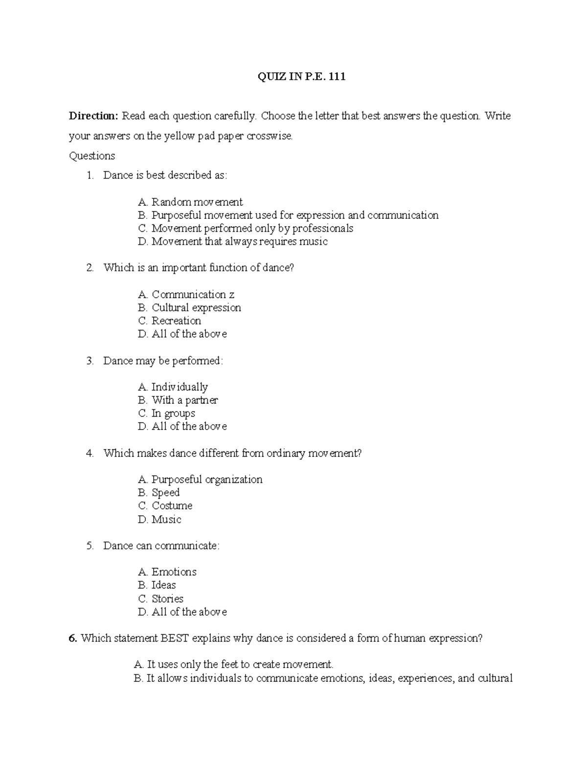 QUIZ-P: Practice Questions for Physical Education - Studocu