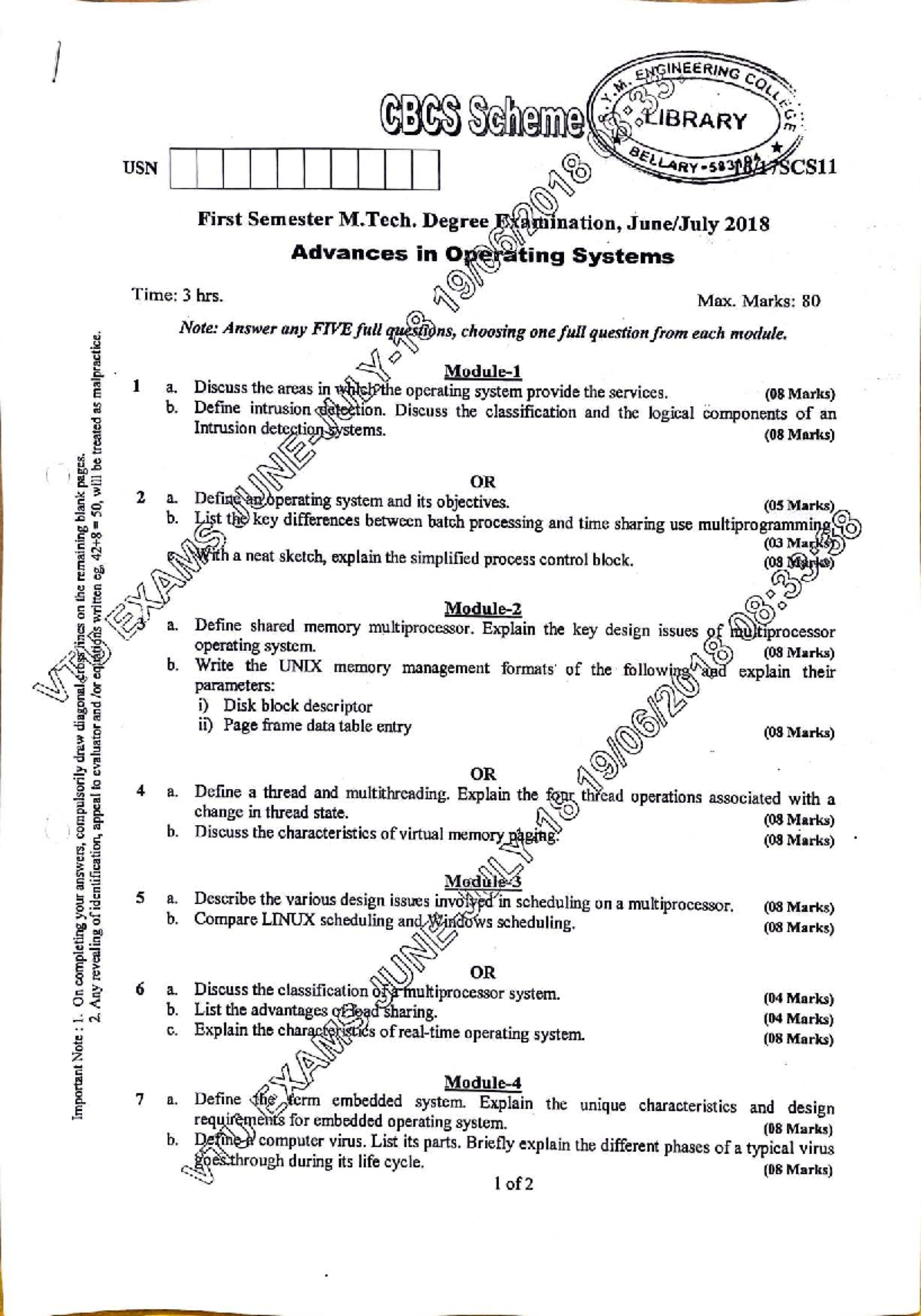 VTU QP: M.Tech. 1st Sem. Exam - Advances in Operating Systems (14SCS11 ...