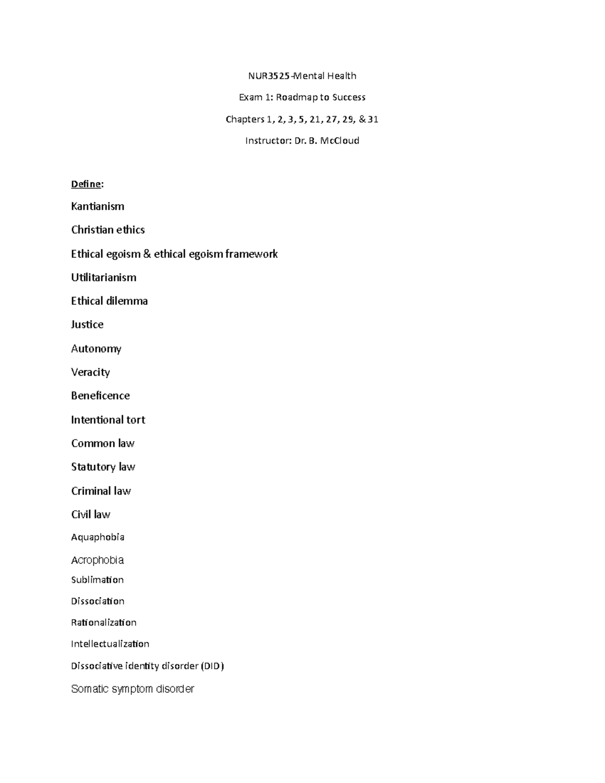 NUR3525 Mental Health Exam 1 Study Guide: Key Concepts & Terms - Studocu