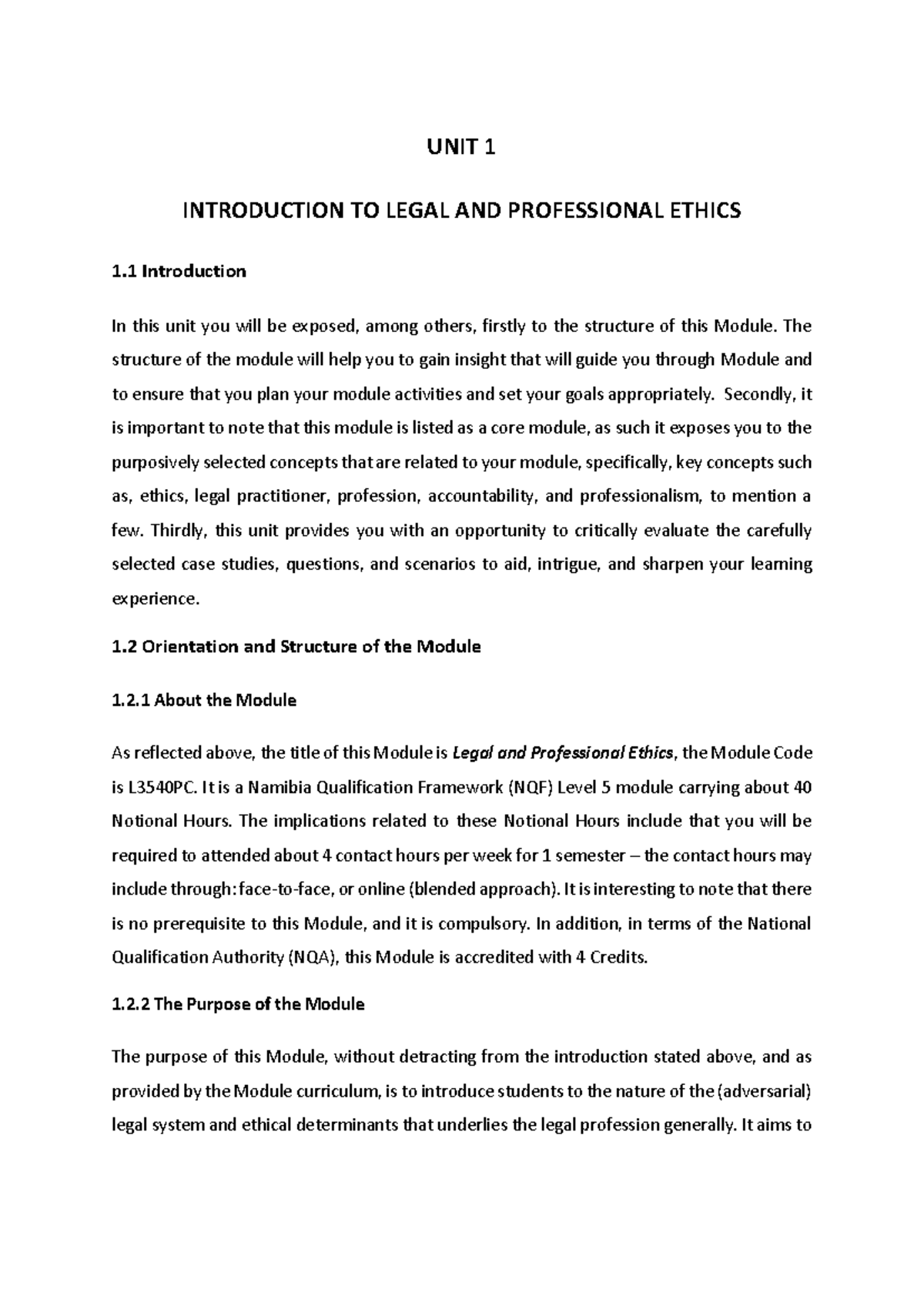 L3540PC - Unit 1 Lecture Notes on Legal and Professional Ethics - Studocu