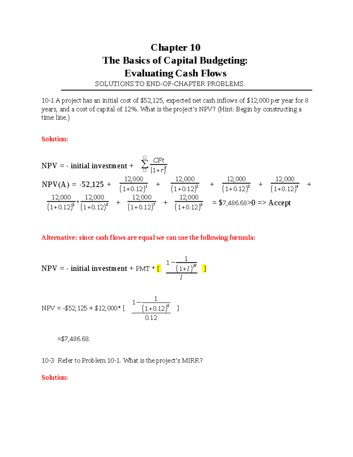 BFIN525-Solutions to Chapter 10 Capital Budgeting Problems - Studocu