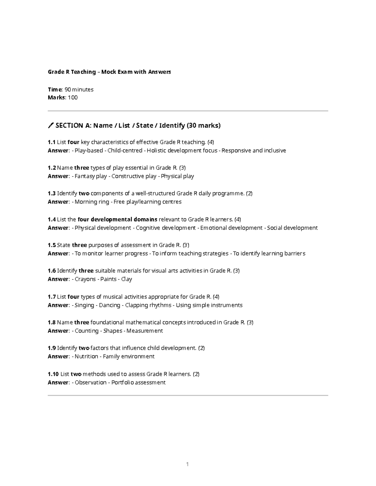 Grade R Teaching: Mock Exam with Answers - Key Concepts & Practices ...