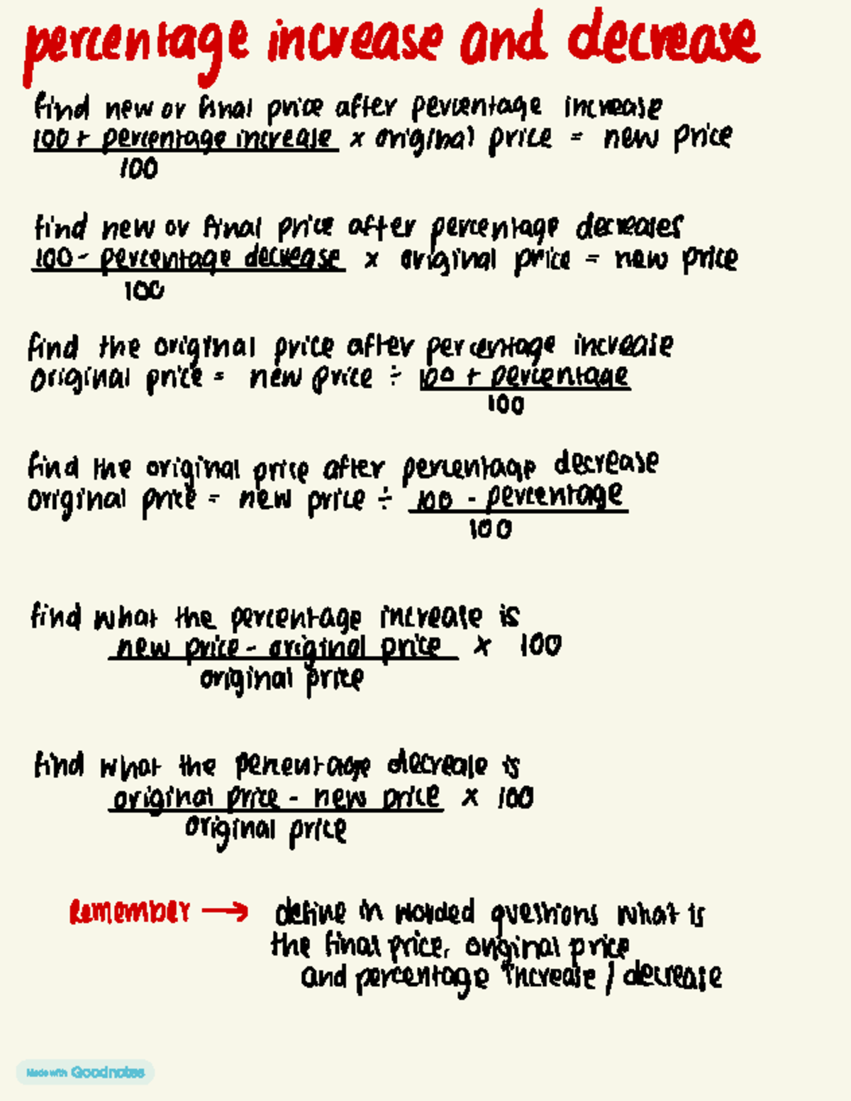 Percentage Increase and Decrease Notes: Understanding Final and ...