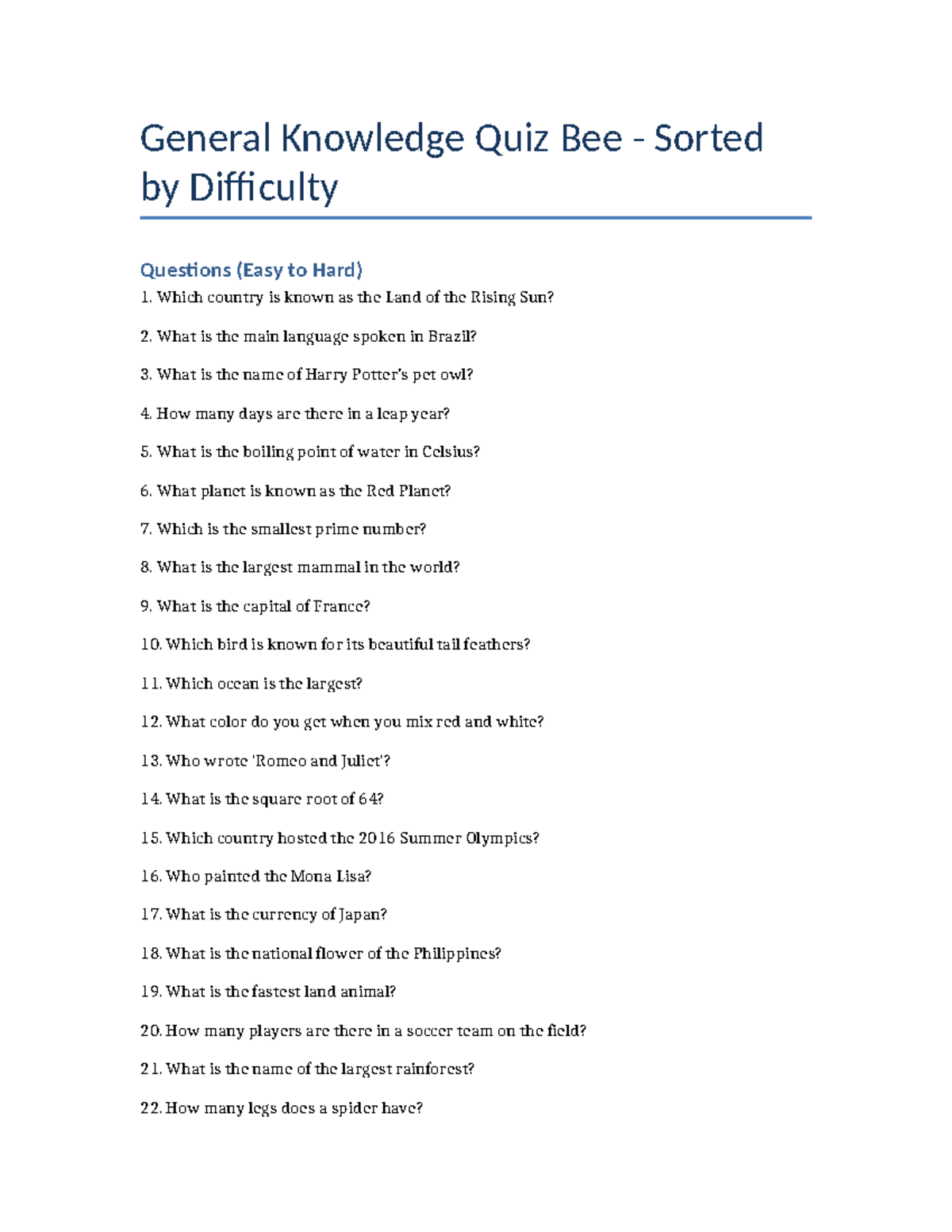 General Knowledge Quiz Bee (GK101) - Difficulty Questions Sorted - Studocu