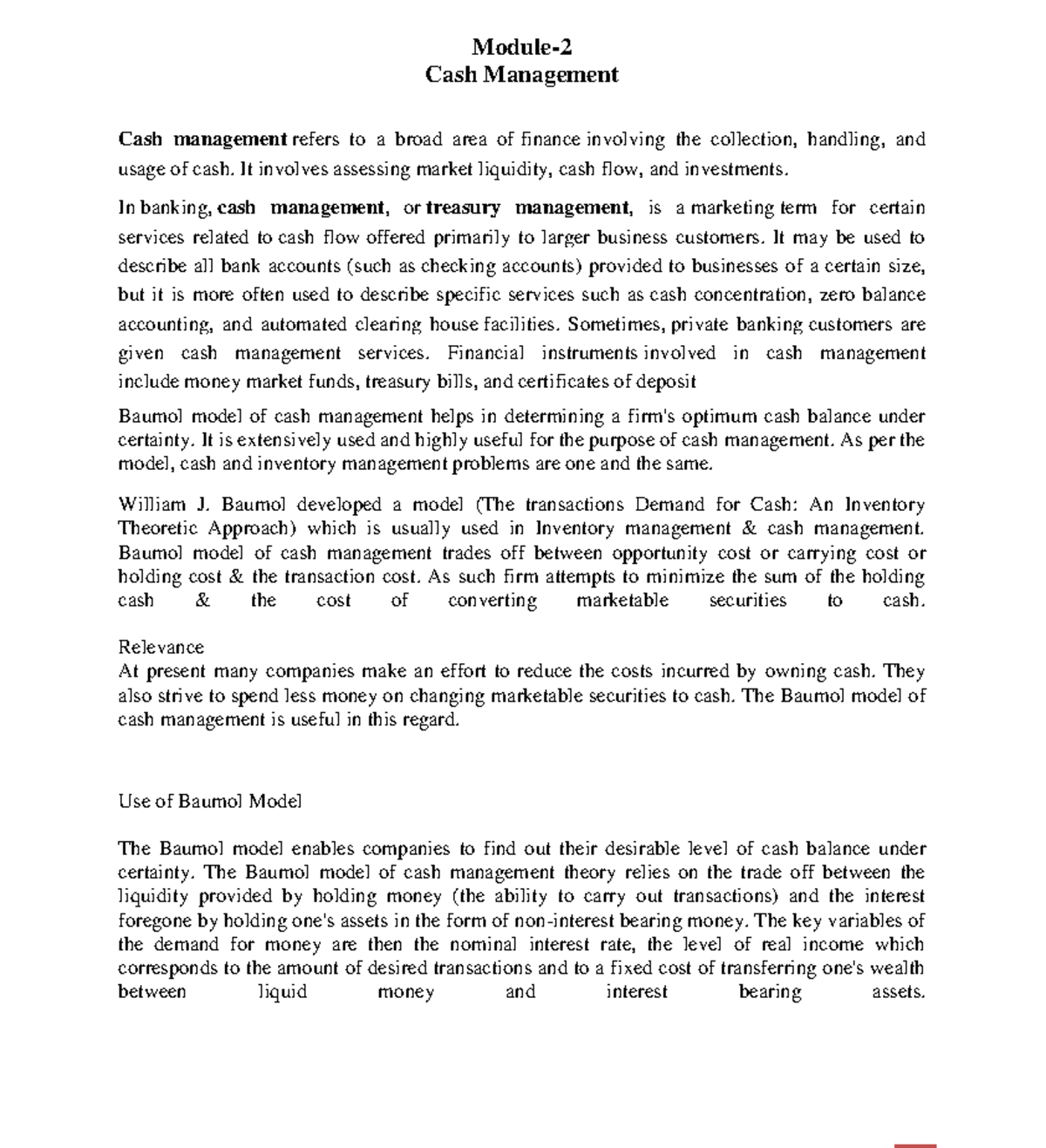 MBA-III- Advanced Financial Management M2 - Module- Cash Management ...