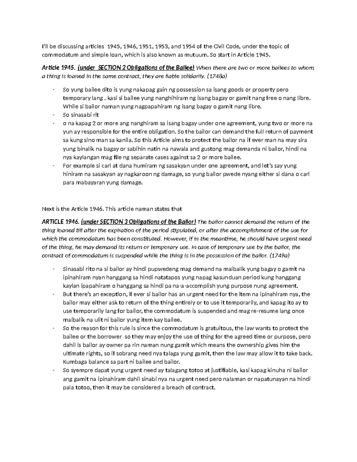 Civil Code Articles 1945-1946: Commodatum & Simple Loan Explained - Studocu
