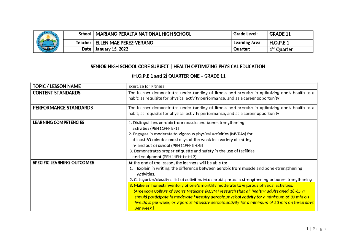GRADE 11 MAPEH/H.O.P.E 1 Daily Lesson Plan: Exercise for Fitness - Studocu