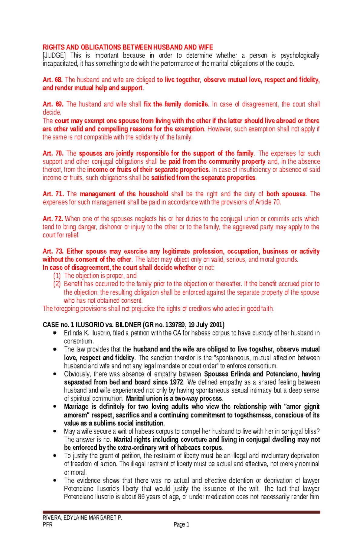**Family Code Analysis: Rights & Obligations of Spouses (ARTS 68-87 ...