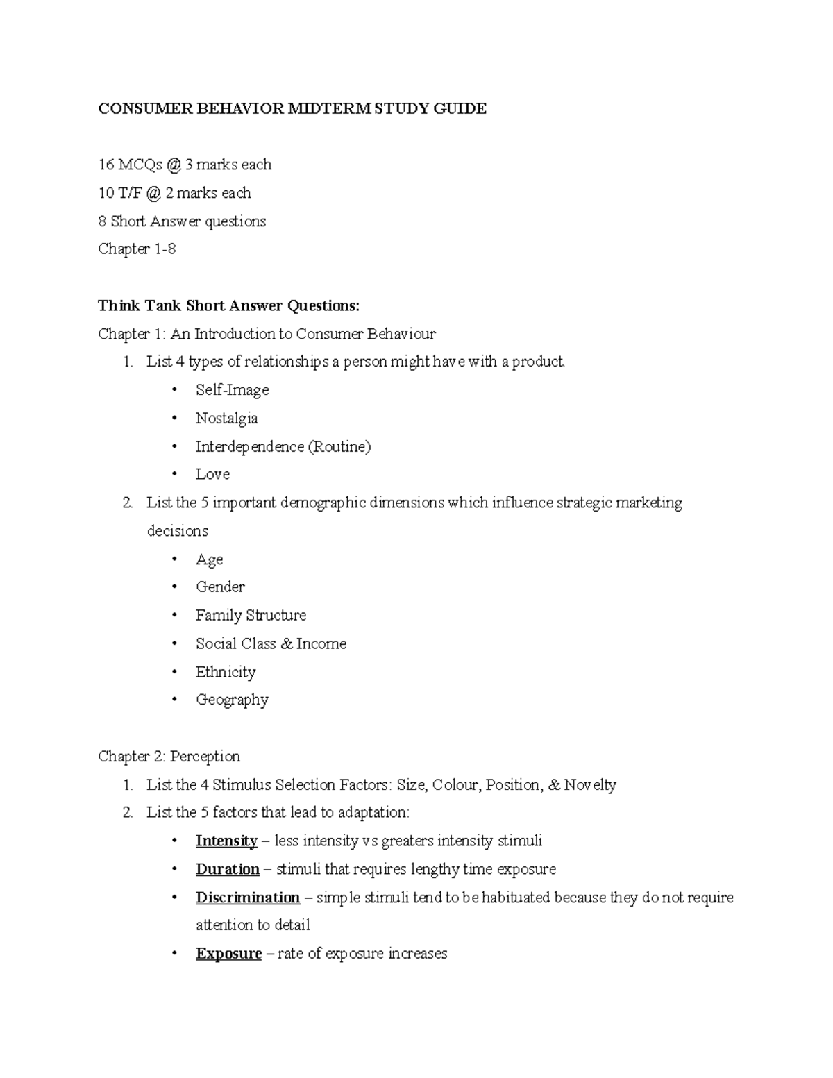 Consumer Behaviour Midterm Prep - CONSUMER BEHAVIOR MIDTERM STUDY GUIDE ...