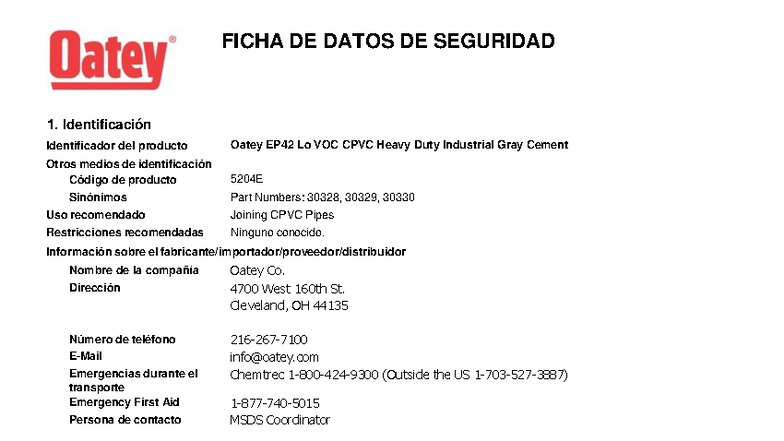 Hoja De Seguridad Cemento Pvc Oatey Azul