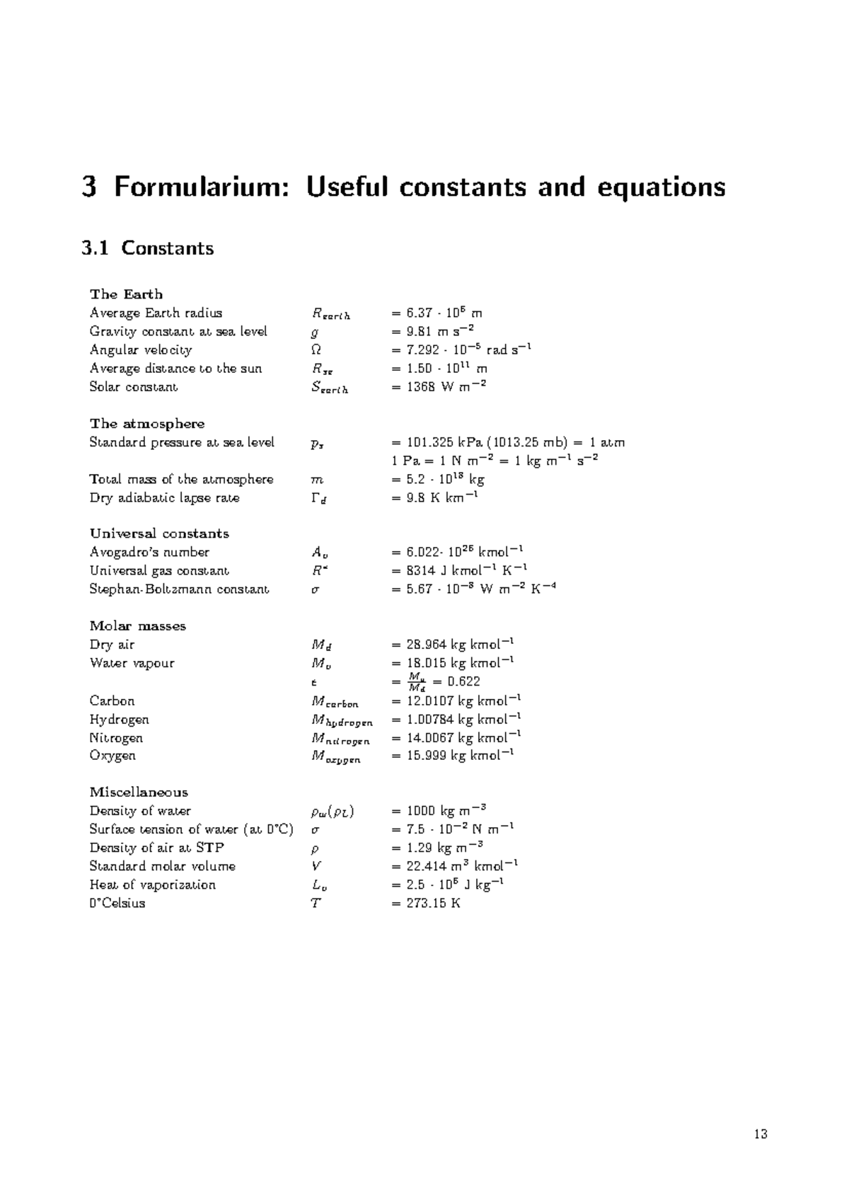 Formularium MAQ11036: Essential Constants and Equations for Earth ...